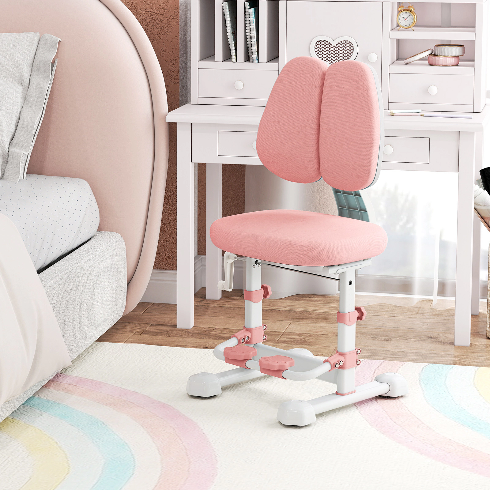 SUGIFT Pink Kids Study Chair, Double Backrest, Adjustable Footrest, Stepless Seat Height, 220-lb Capacity