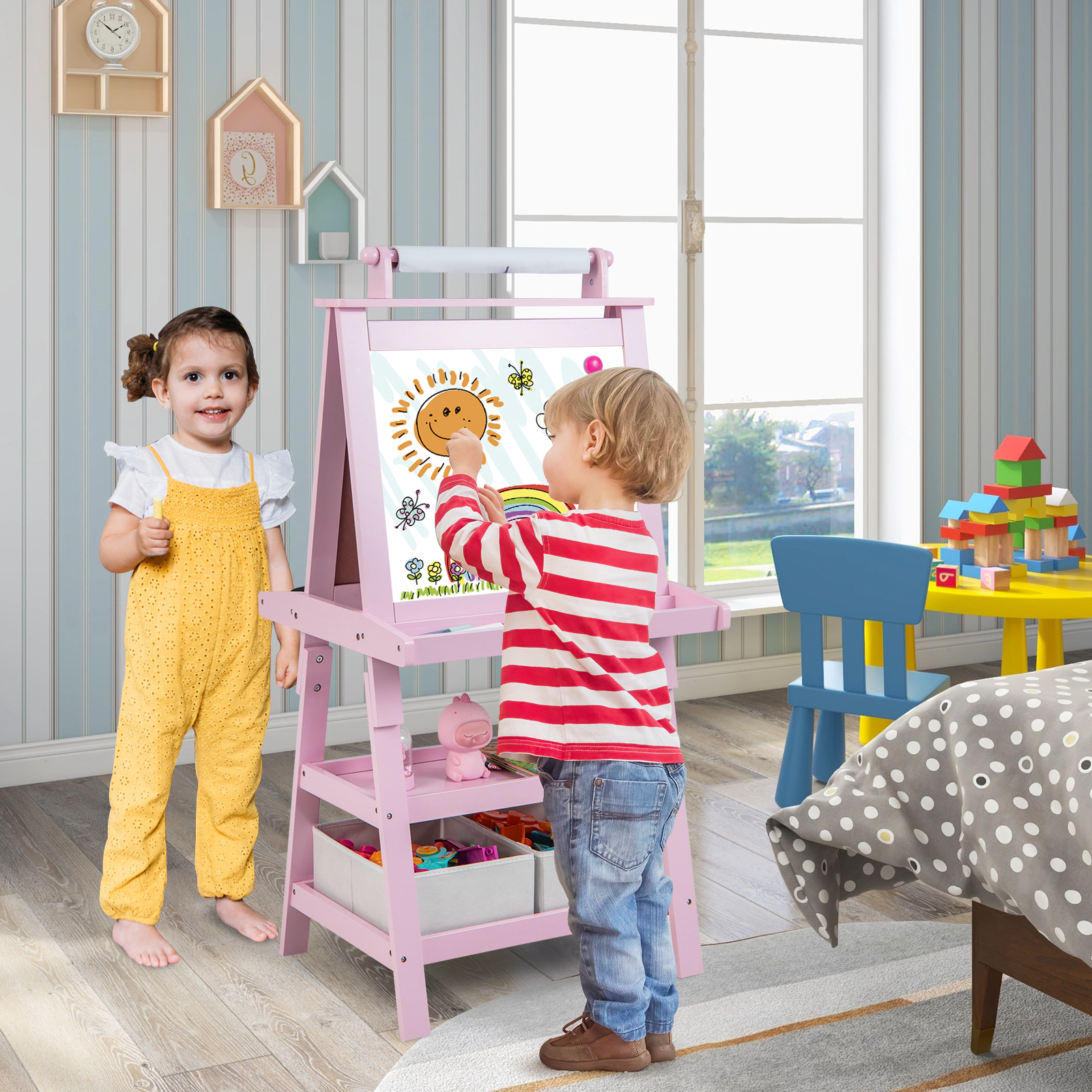 3-in-1 Kids Art Easel Dry Erase Whiteboard Chalkboard Paper Roll Surfaces Magnetic Beads 46-in Standing Height Pink
