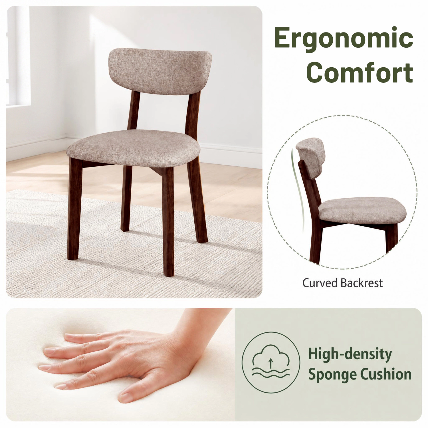 LJG 4 Upholstered Chairs with Solid Rubber Wood Frame and Curved Backrest for Dining Room