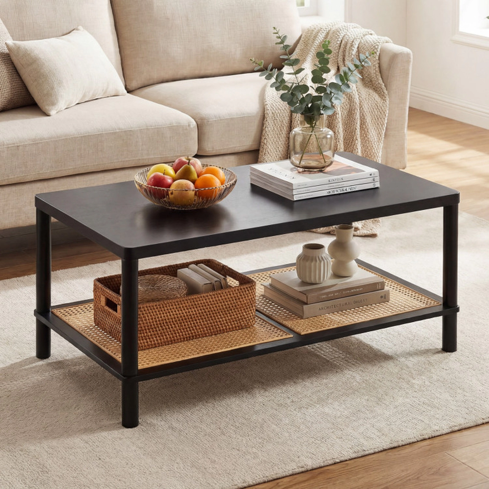 SUGIFT 2-Tier PVC Rattan Shelf Rubber Wood Frame Boho Coffee Table 39-in x 20.5-in x 18-in 185-lb Capacity Black