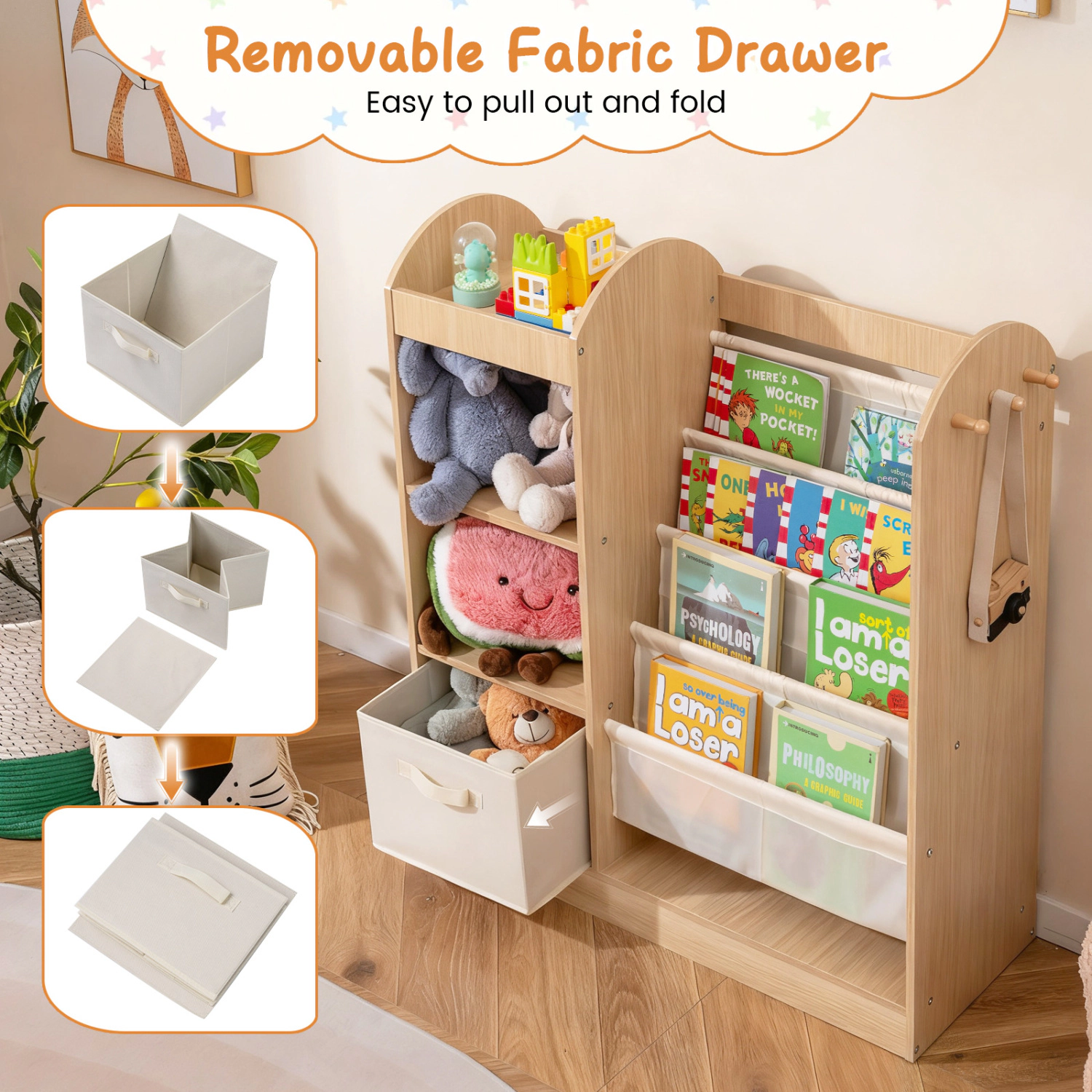 Hivvago Toy Storage Shelf with 4 Sling Compartments