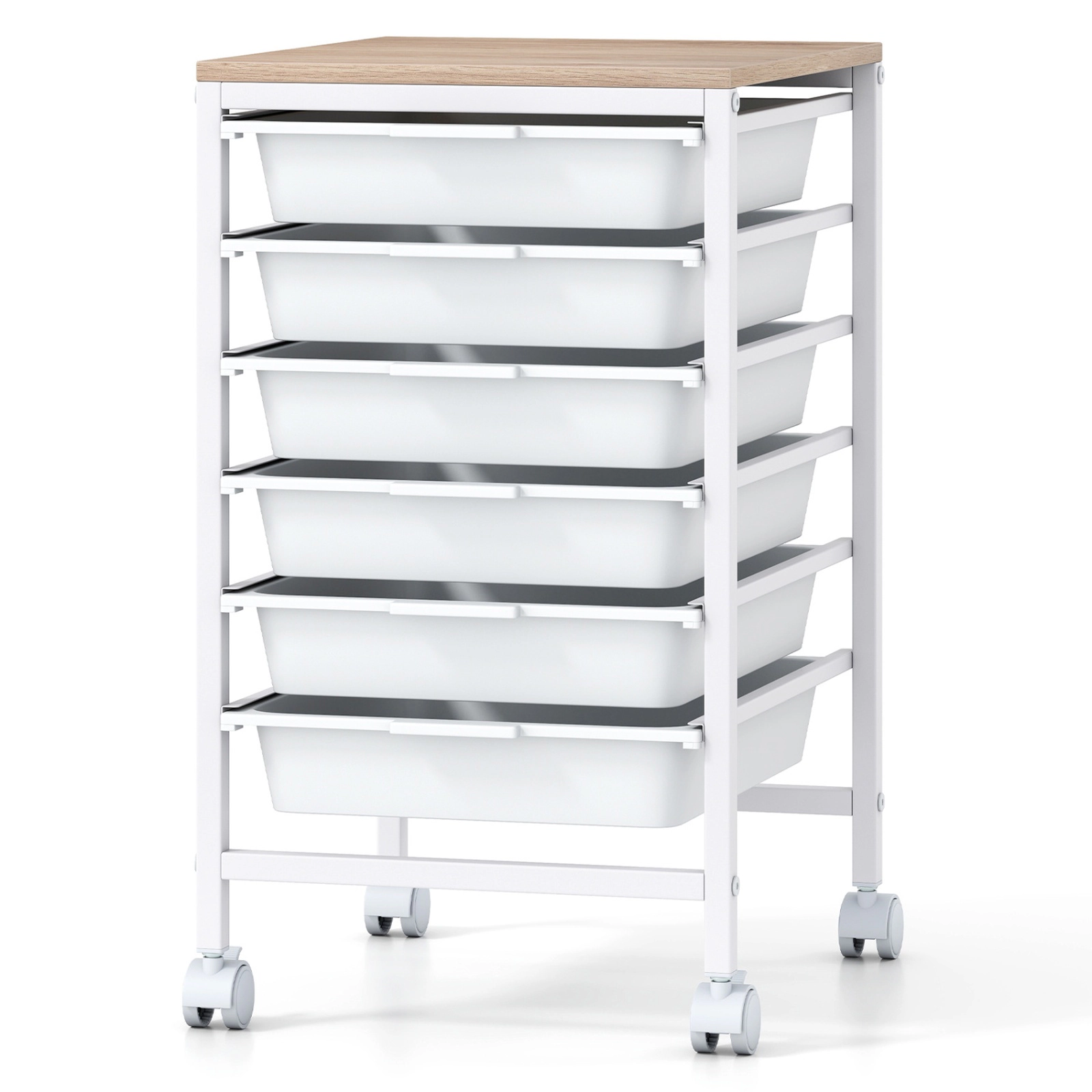 SUGIFT 6-Drawer Rolling Storage Cart with MDF Wooden Tabletop 35-lb Capacity Natural + White