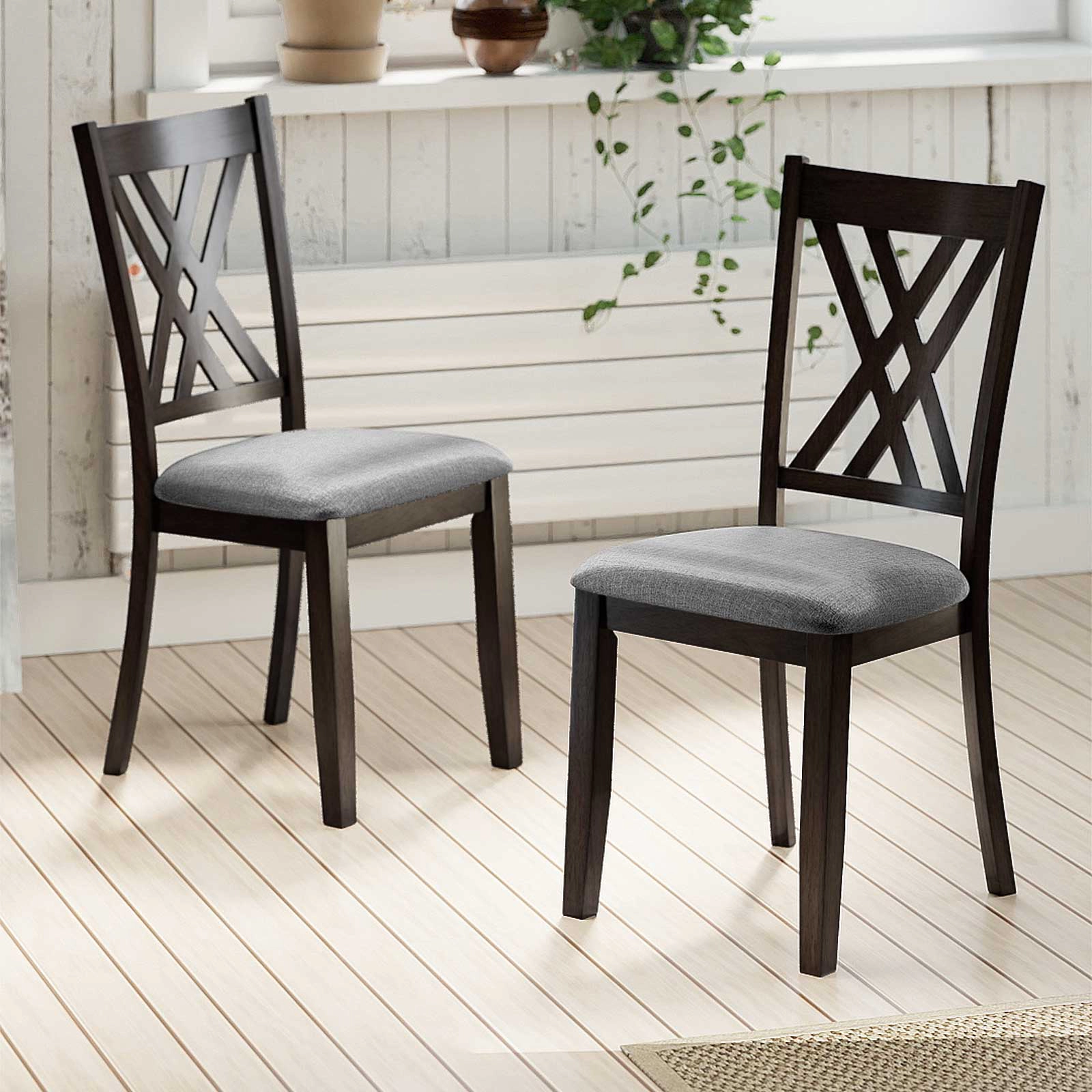 SUGIFT Set of 2 Linen Upholstered Wooden Dining Chairs with X-Brace Back