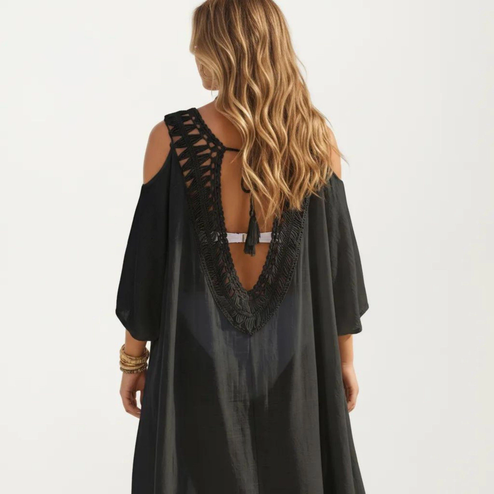 Anna-Kaci Women's Crochet V Neck Cold Shoulder Sleeves Relaxed Fit Swim Cover Up Dress