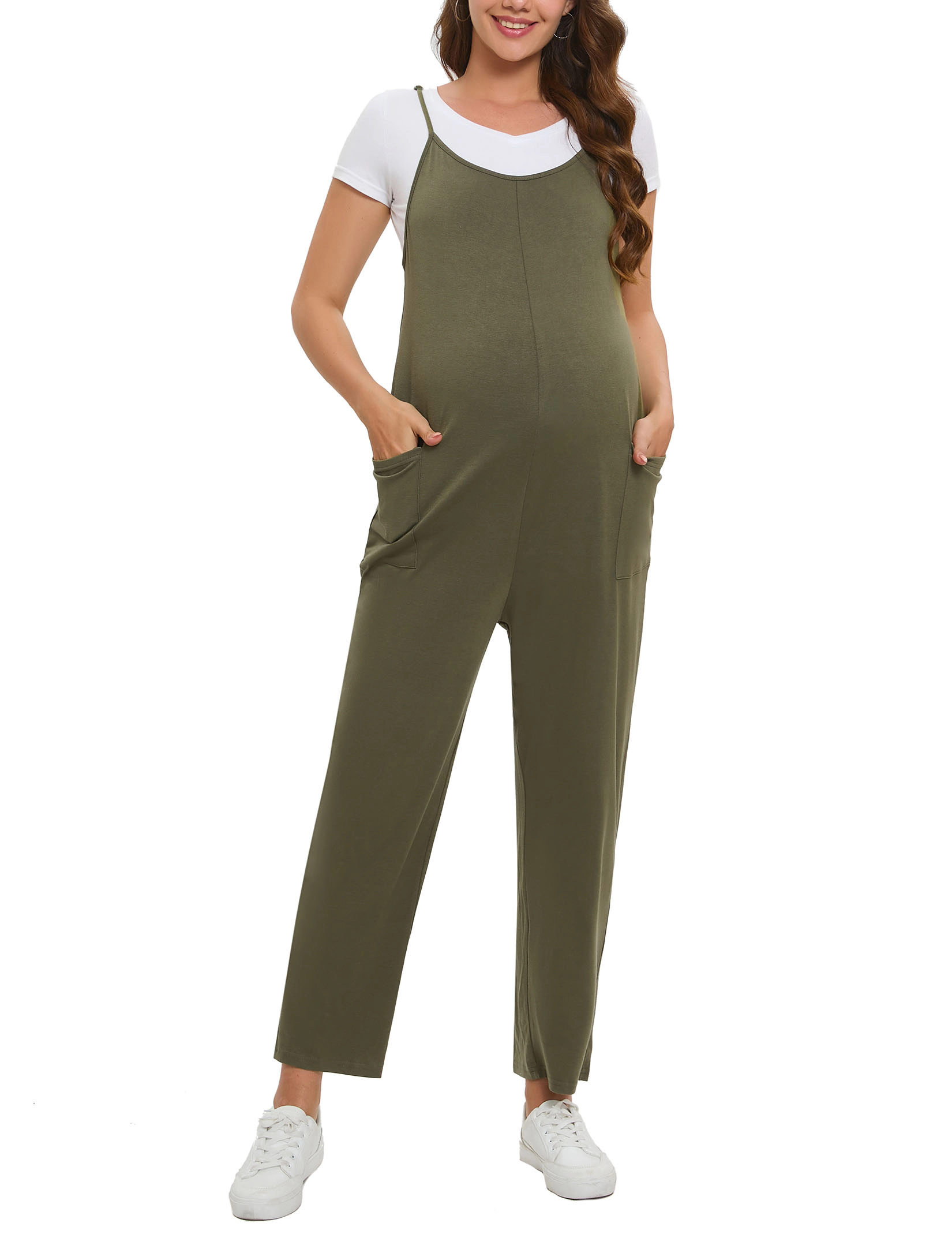 KOJOOIN Women's Maternity Jumpsuit Spaghetti Strap Sleeveless Overalls Loose Baggy Pregnancy Romper