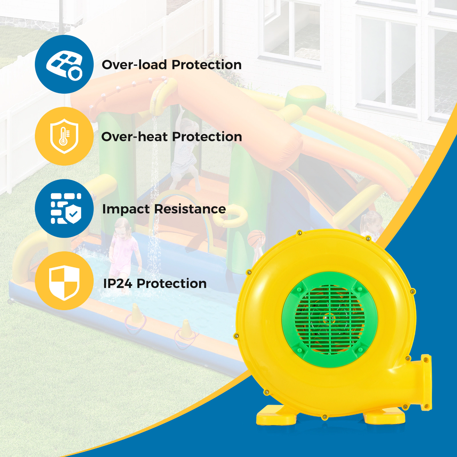 SUGIFT Yellow 480W Blower for Kids Bounce House with Carry Handle and 2 Ground Stakes 14-in W 7.5-in D 13.5-in H