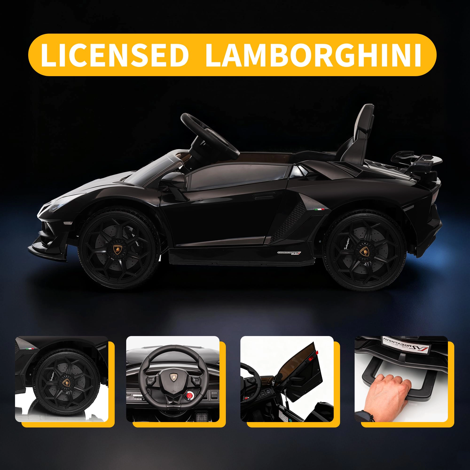 12V Licensed Lamborghini Kids Ride On Car, Battery Sports Car w/Remote, 2 Speeds, Sound, LED Headlights&Hydraulic Doors