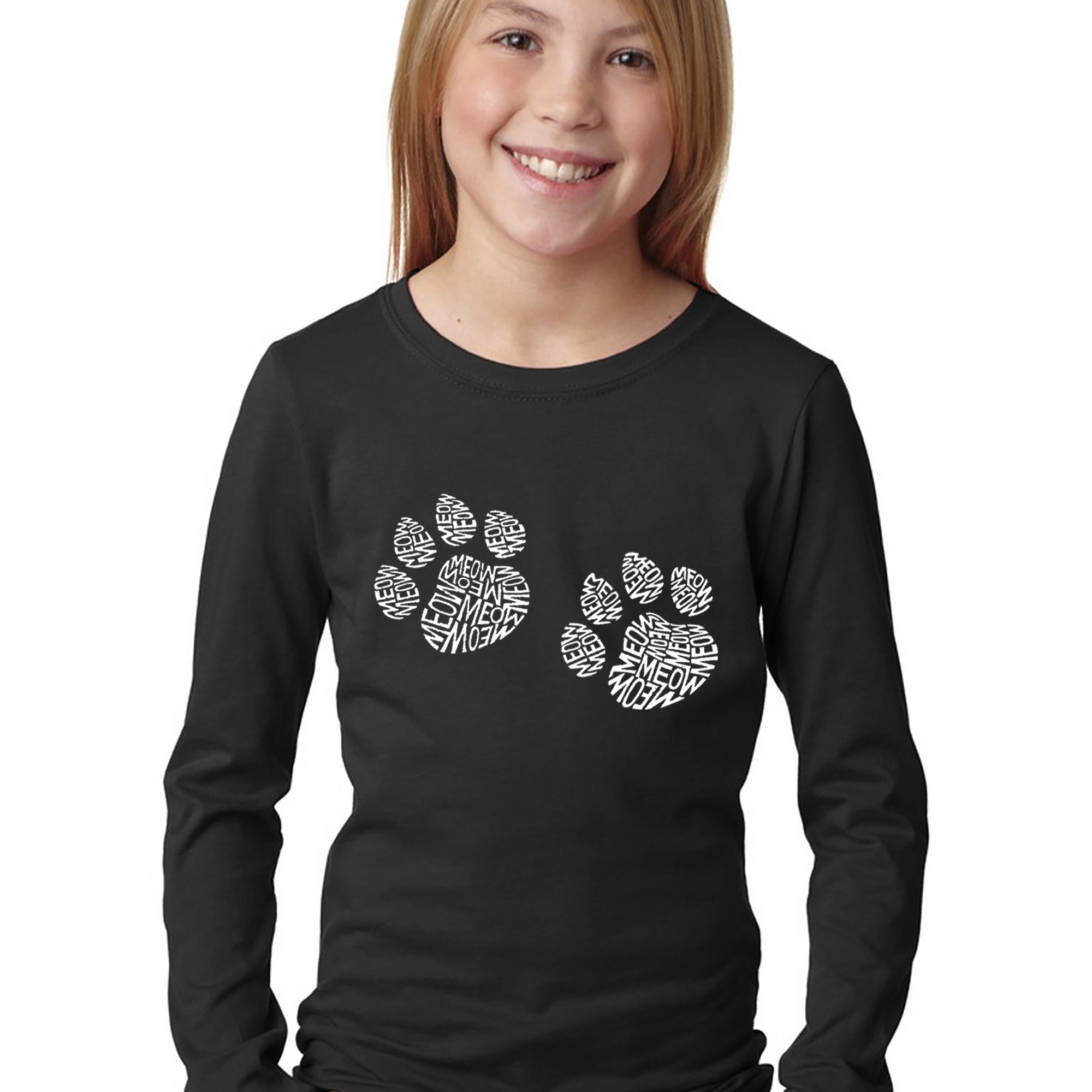 LA Pop Art Girls Long Sleeve Word T-Shirt - Meow Cat Prints