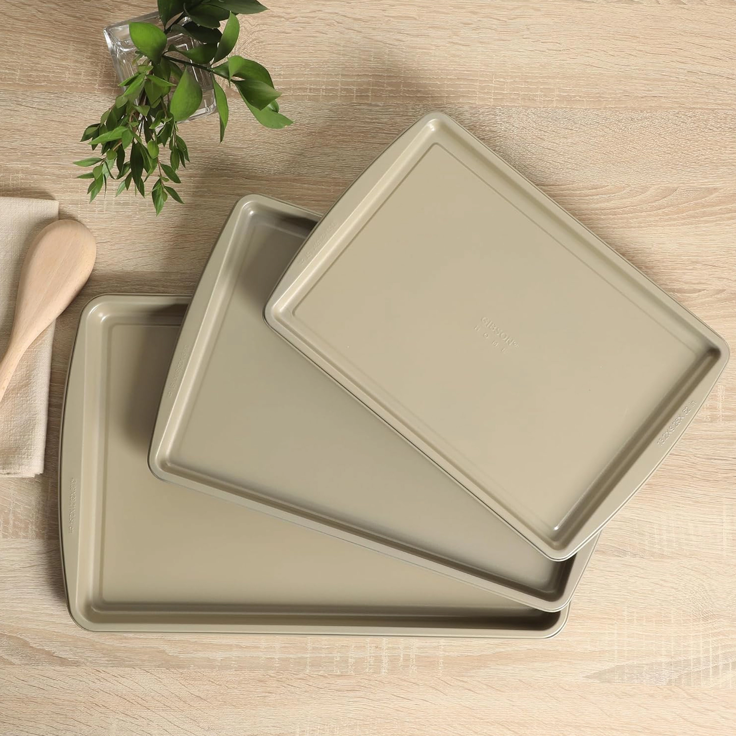 Gibson Home Lyneham 3 Piece Carbon Steel Nonstick Cookie Sheet Set in Champagne Gold