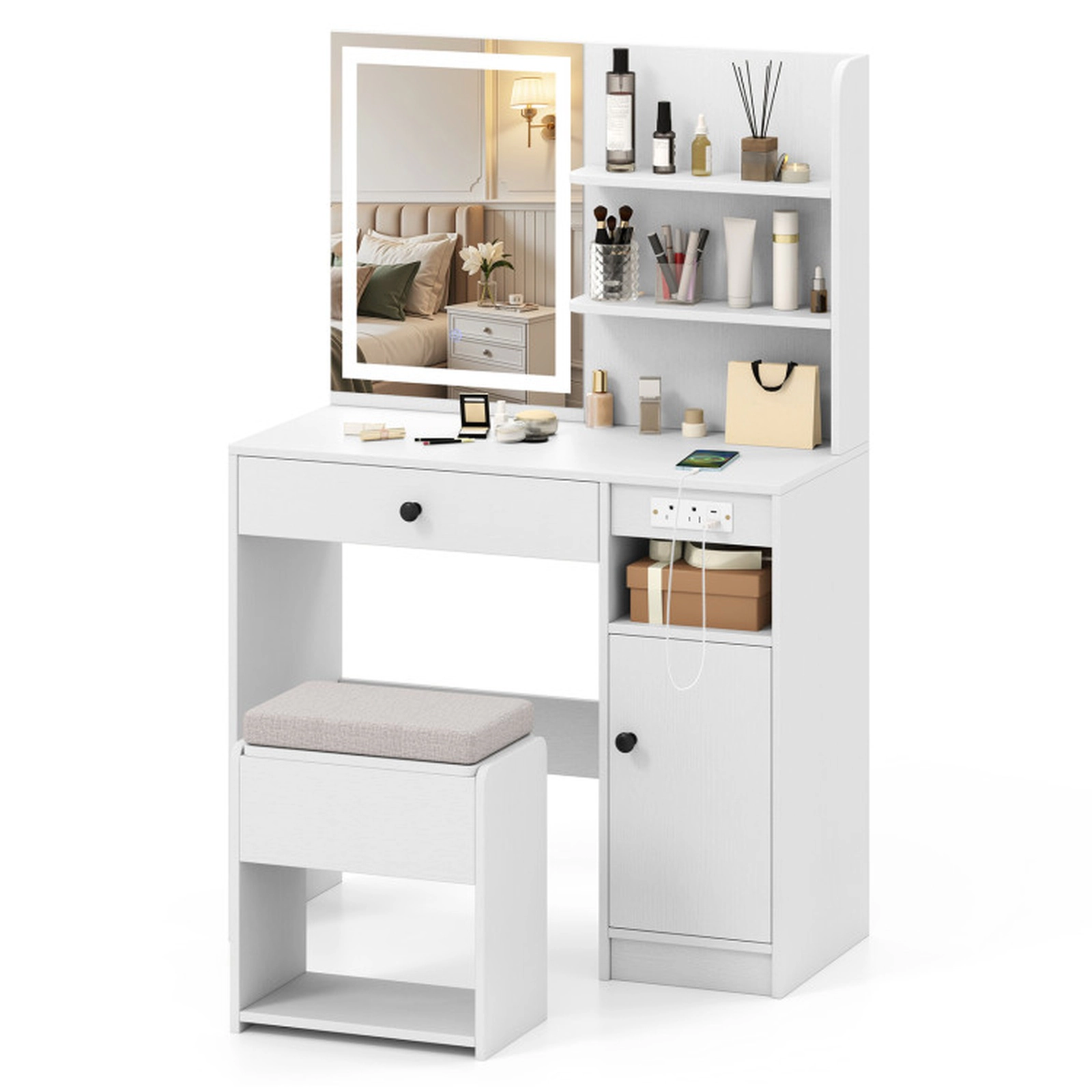 SUGIFT Vanity Desk Lighted Mirror Built-In Outlets & Storage Stool 110-lb Tabletop Capacity 330-lb Stool Capacity White