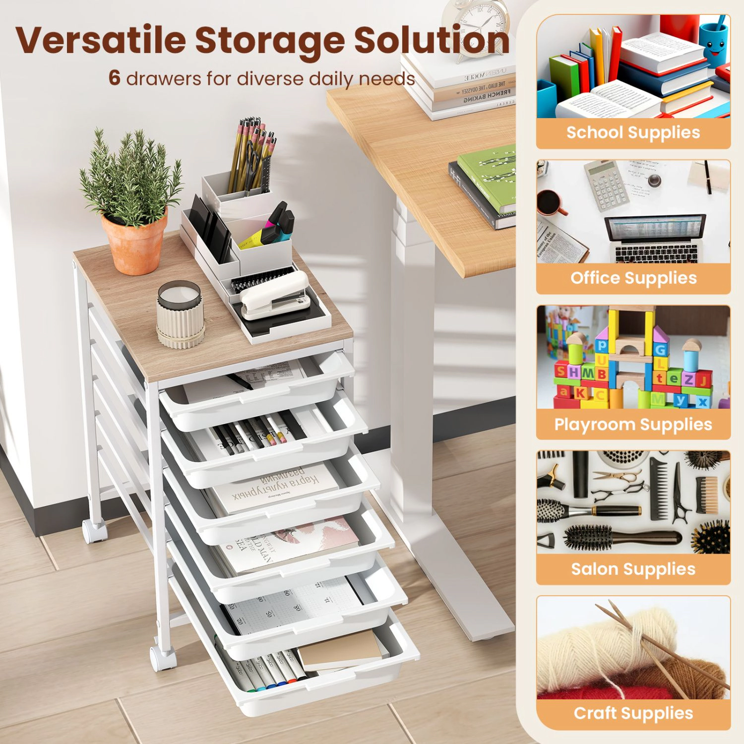 SlickBlue 6 Drawer Rolling Storage Cart with Wooden Top Organizer