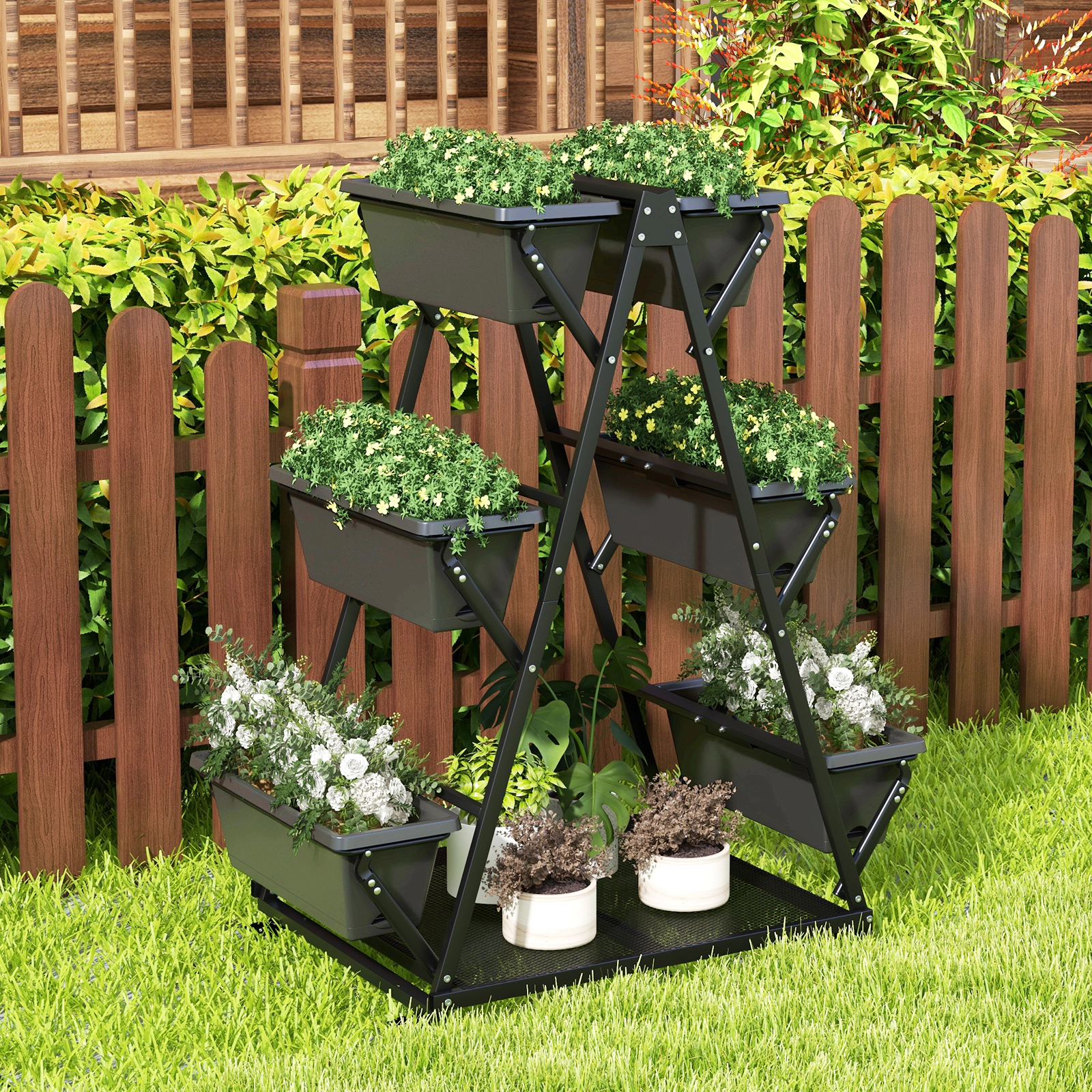 Hivvago 3-Tier Vertical Raised Garden Bed with 4 Wheels and 6 Container Boxes-Black