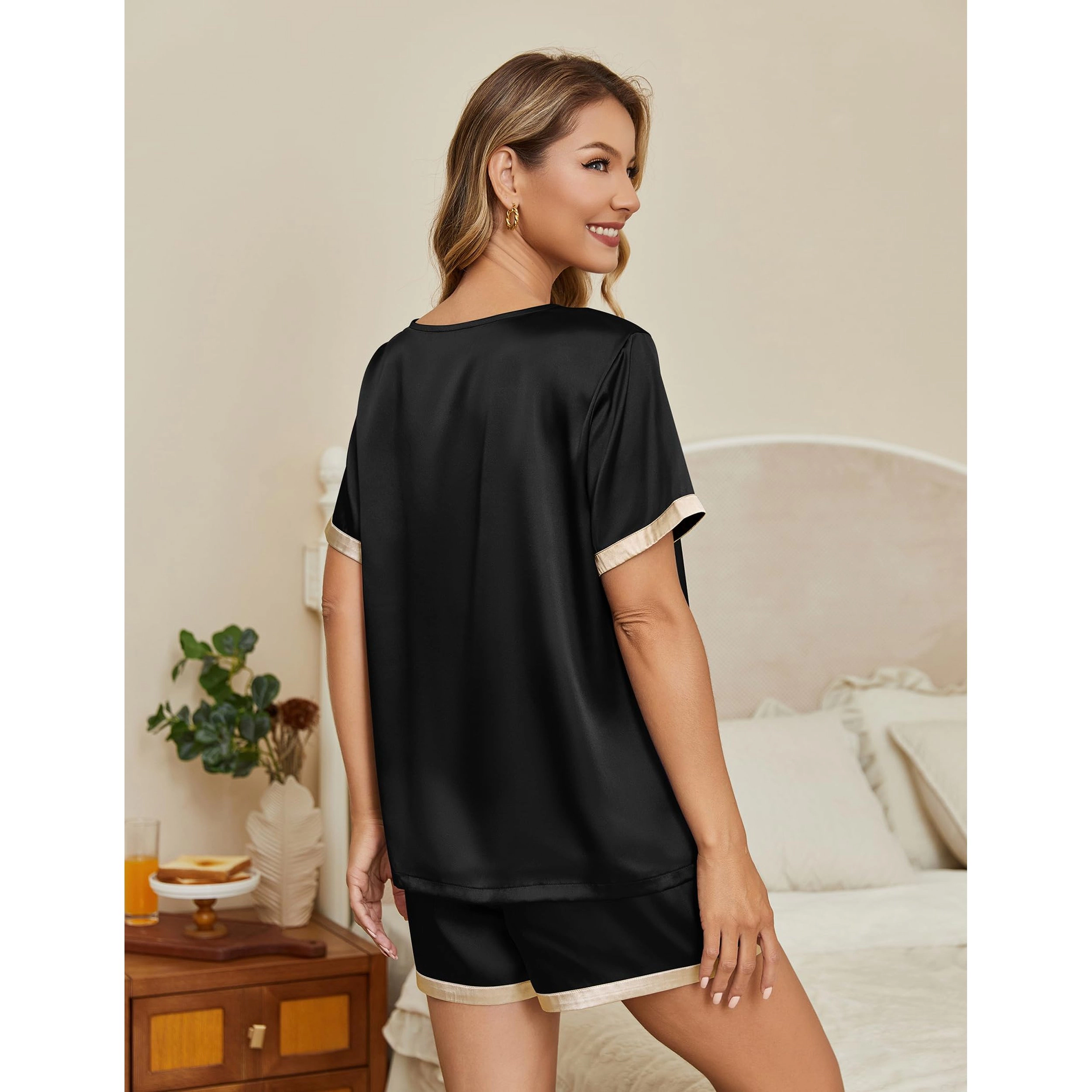 Ekouaer Women’s Satin Short Sleeve Pajama Shorts Set Soft 2 Piece Sleepwear
