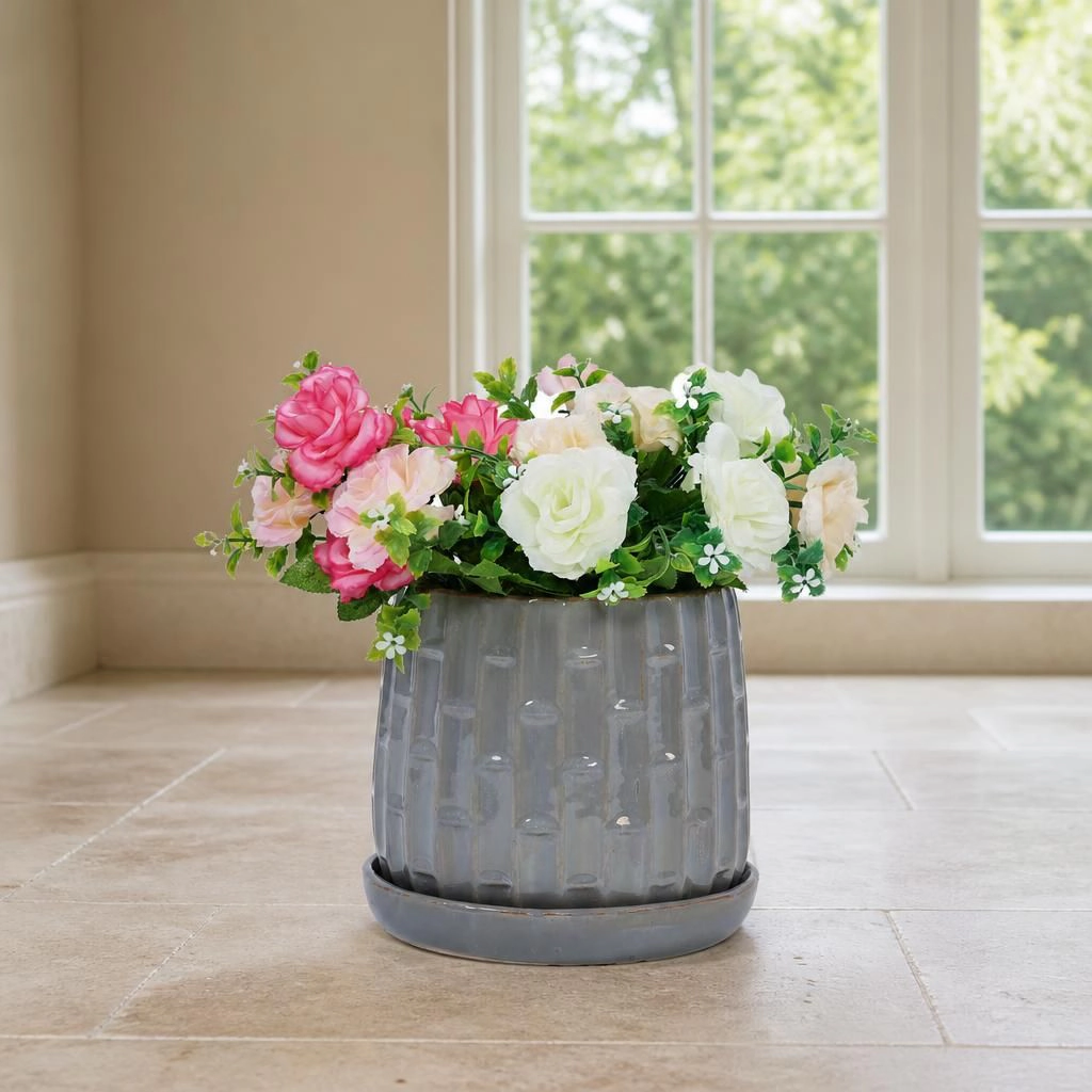 WOW PIONEER Round Solid Ceramic Planter Pot for Flowers Herbs Succulents Patio Balcony Home Decor