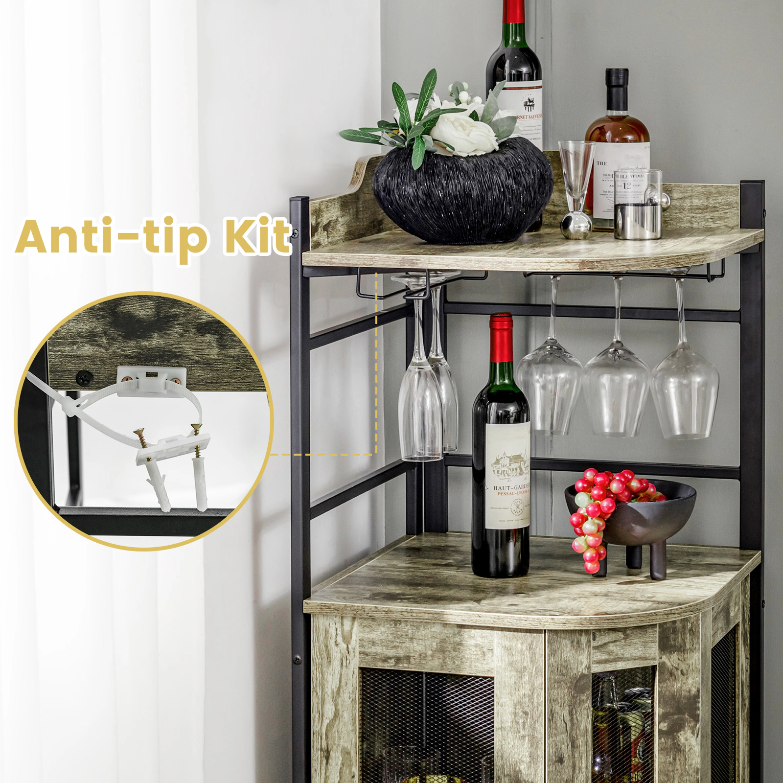SUGIFT Triangular Industrial Corner Bar Cabinet Sideboard with Glass Holder and Shelf 66-lb Countertop Capacity