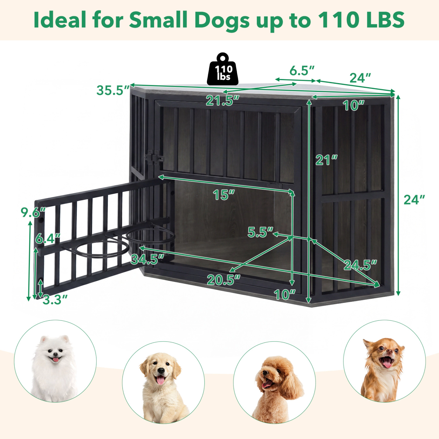 SUGIFT 35.5-in Corner Wooden Dog Kennel End Table Pet Crate with 3-Position Bowl Rack 110-lb Capacity Brown/Oak+Black