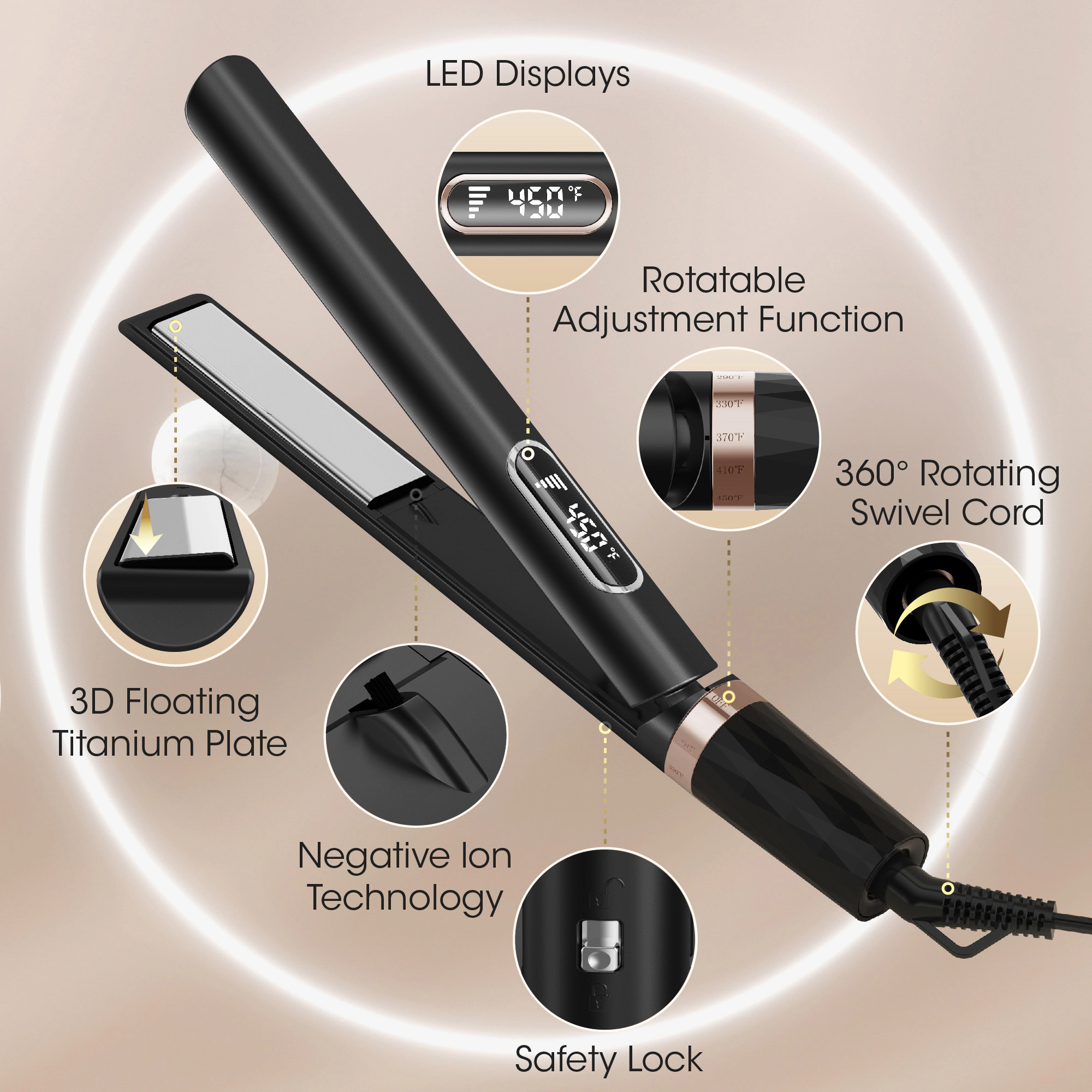 NICEBAY Hair Straightener Flat Iron, Titanium Hair Curler Iron, Fast Heating, 5 Temp Settings, Straightening Iron