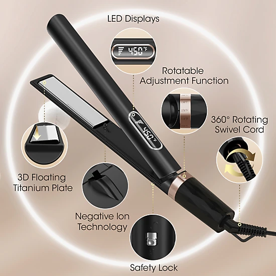 NICEBAY Hair Straightener Flat Iron, Titanium Hair Curler Iron, Fast Heating, 5 Temp Settings, Straightening Iron