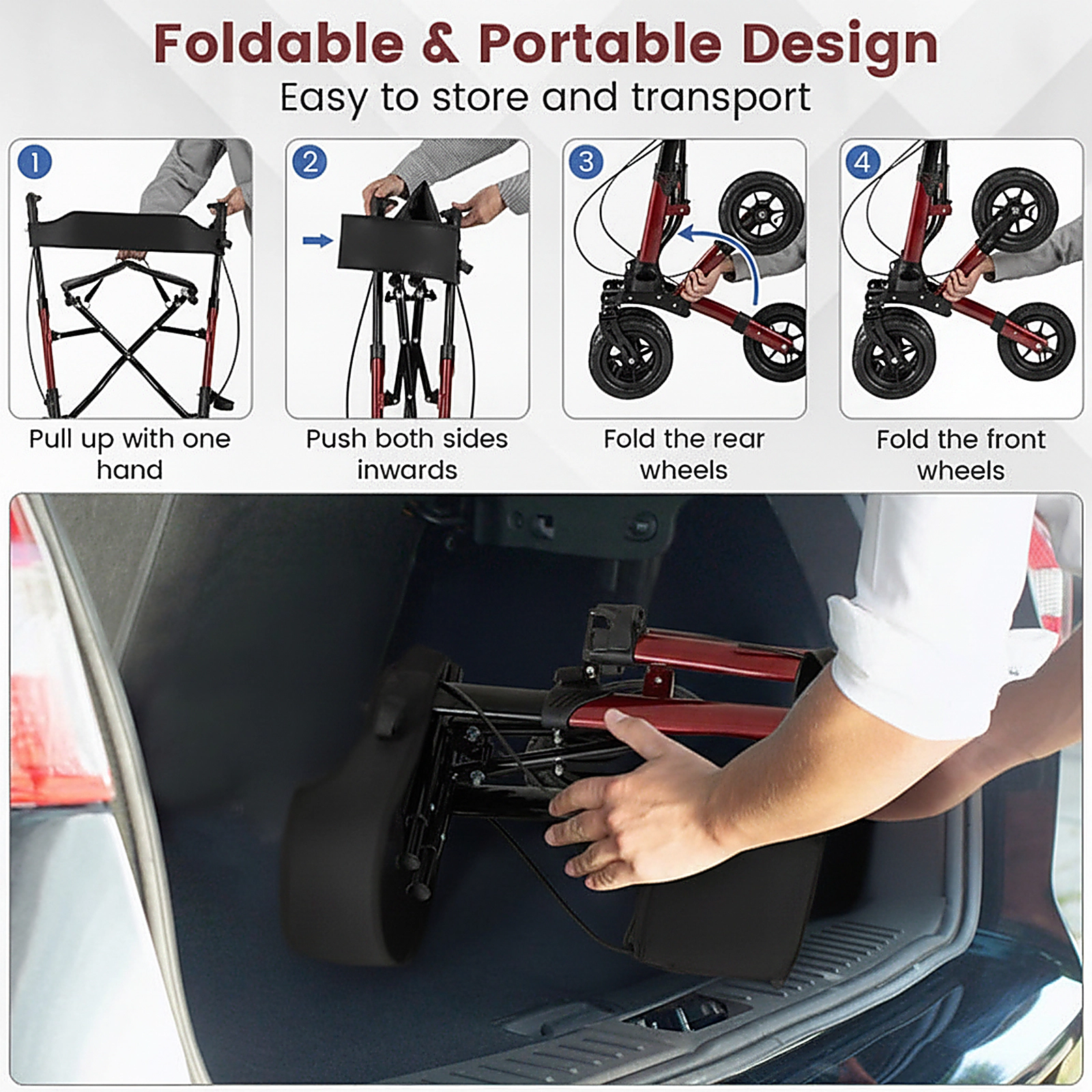 SUGIFT Red All Terrain Rollator Walker with 9-in Pneumatic Tires 24.4-in W 32.3-in D 308-lb User Capacity