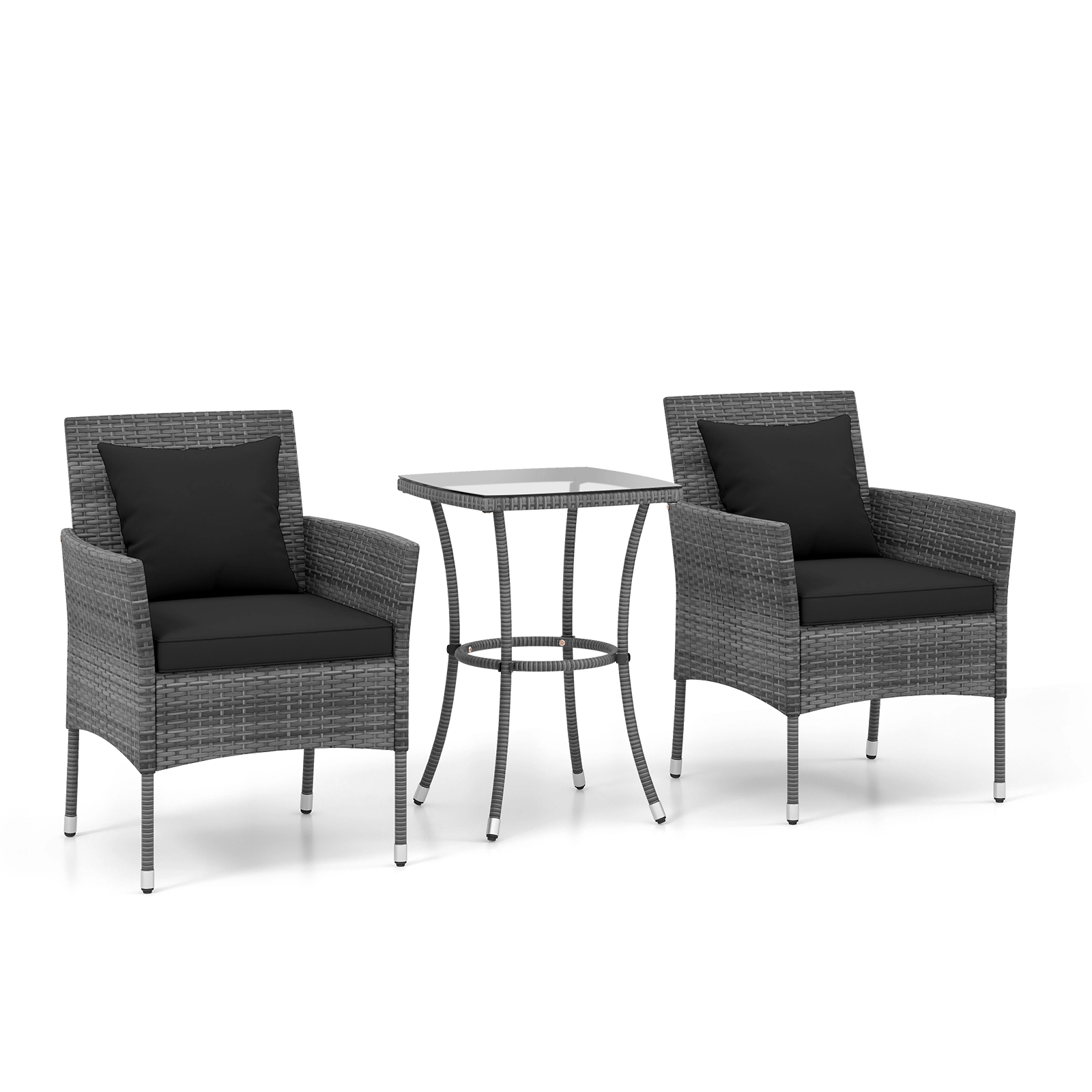 SUGIFT 3-Piece Gray Wicker Patio Set with Cushioned Chairs and 28-Inch Glass Table