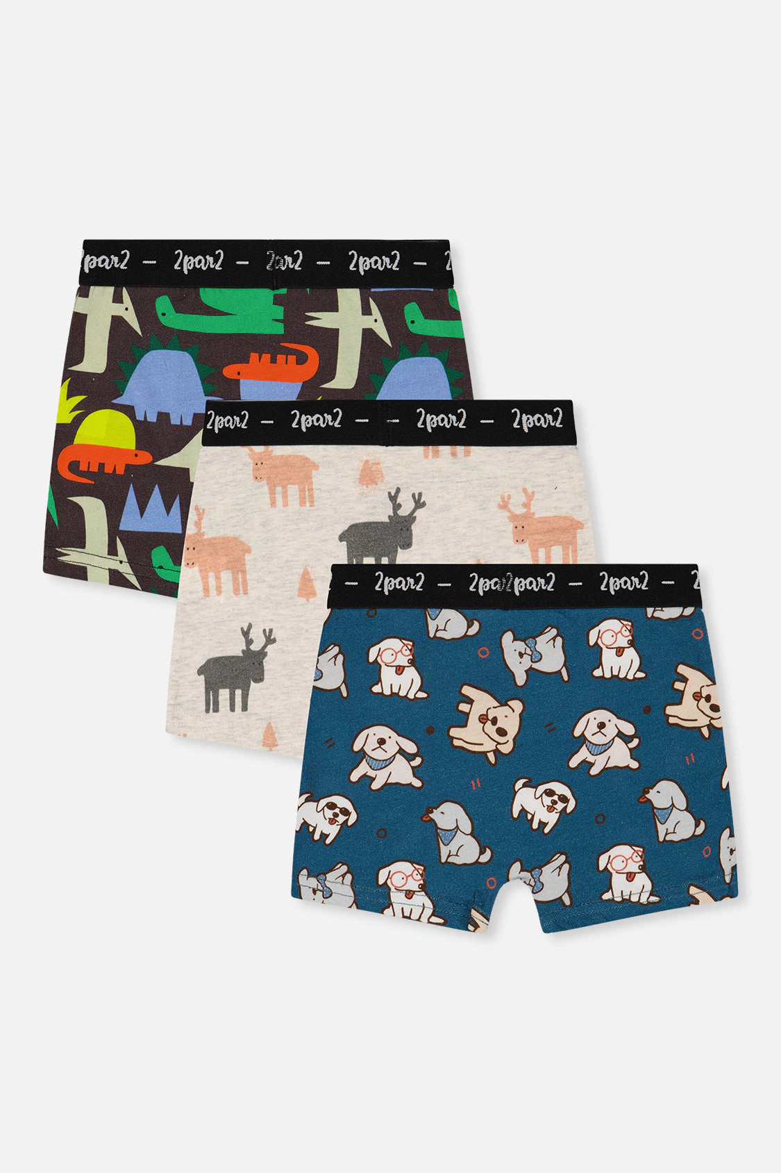 Deux par Boys Elk, Dog and Dinosaur Print Boxer Pack of 3 with Elastic Waistbands