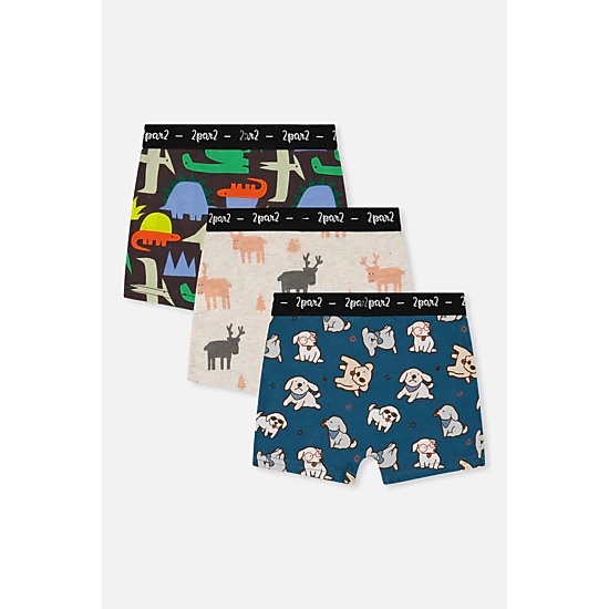 Deux par Deux Boys Elk, Dog and Dinosaur Print Boxer Pack of 3 with Elastic Waistbands