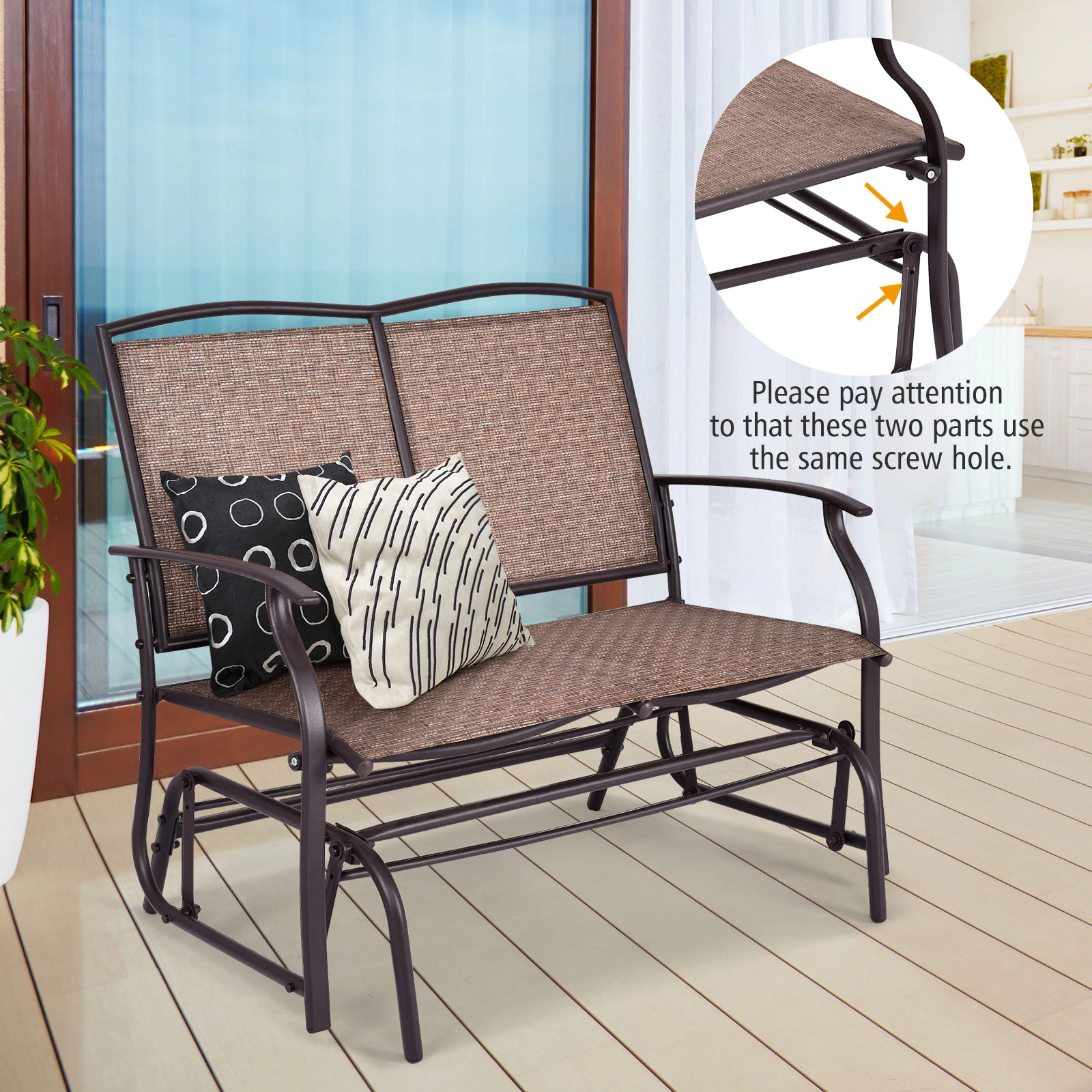 SUGIFT Steel Patio Rocking Loveseat with Textilene Seat 396-lb Capacity Black/Brown/Gray