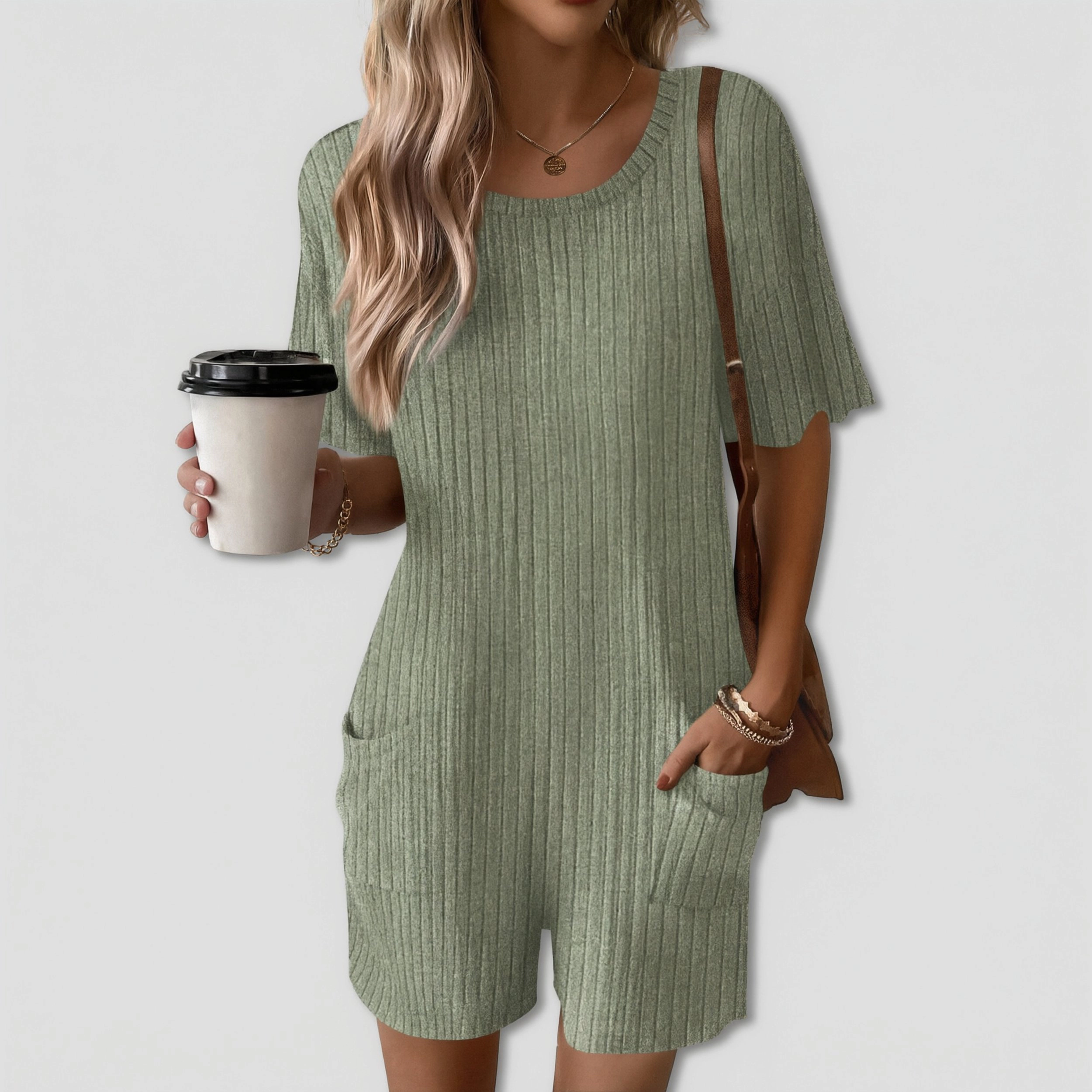 Ekouaer Women's Crew Neck Short Sleeve Ribbed Knit Romper with Pockets