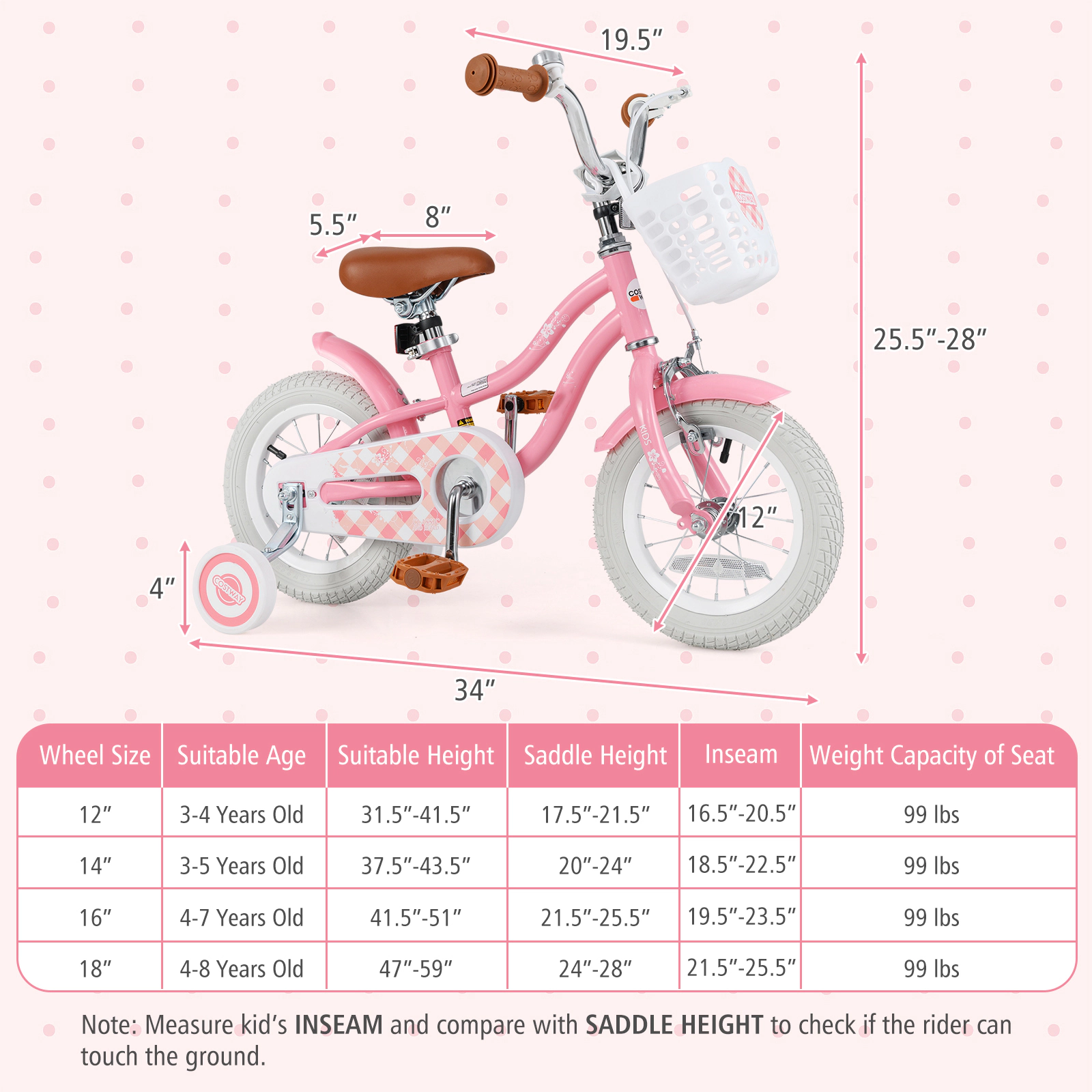 SUGIFT Height-Adjustable 12-Inch Kids Bicycle with Training Wheels and Basket 99-lb Seat Capacity Ages 3-4 Years Peach