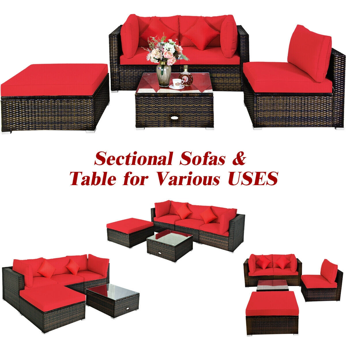 LJG 5 Pcs Outdoor Patio Rattan Furniture Set Sectional Conversation with Navy Cushions