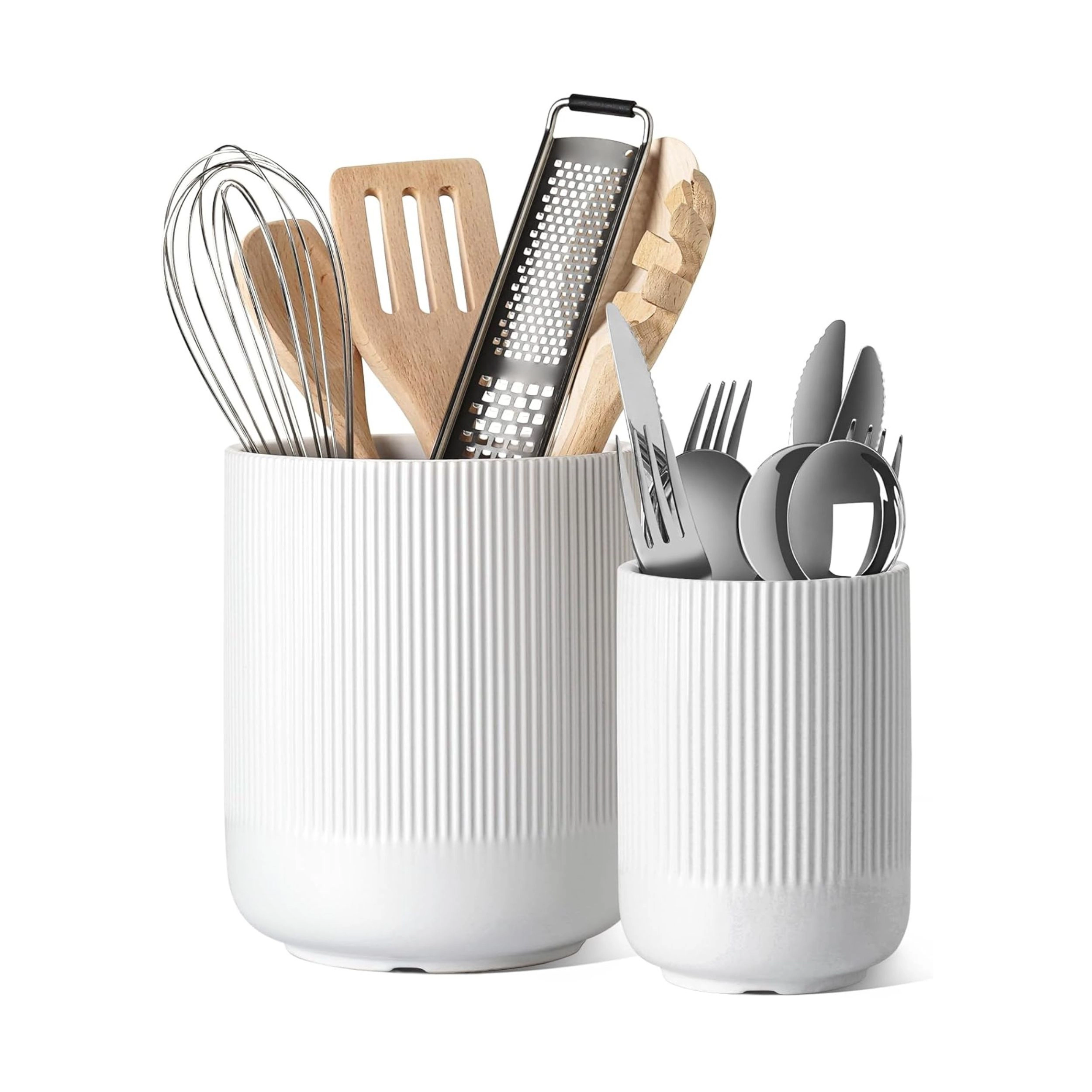 Stock Preferred Pack of 2 Fluted Ceramic Utensil Holder Set Kitchen Counter Organizer