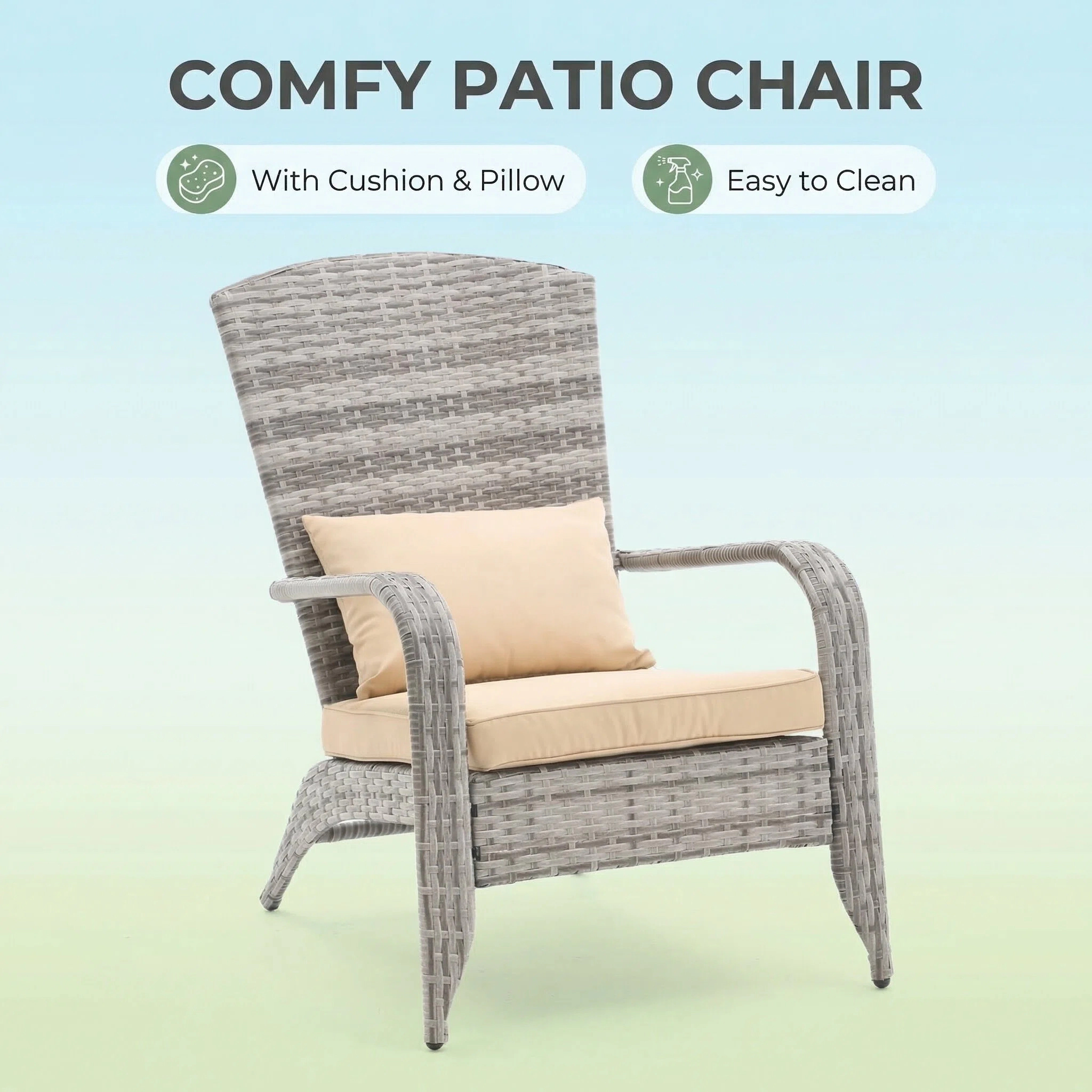 Unikome Outdoor Patio Rattan Frog Chair, Wide Seat Folding Lounge Chair with Padded Cushion