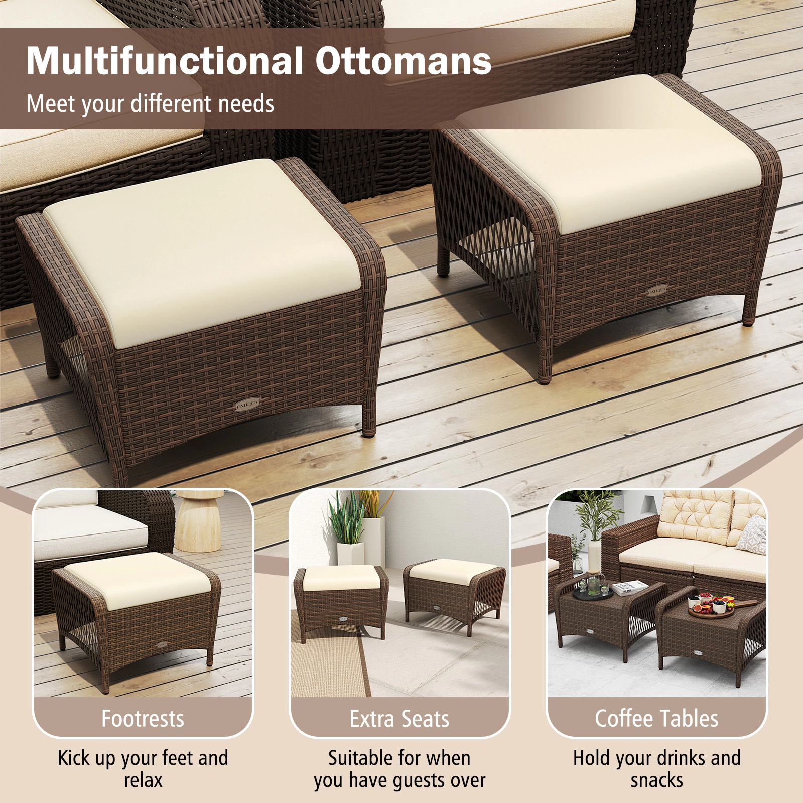 SUGIFT Removable Cushions Set of 2 Outdoor Patio PE Wicker Ottomans