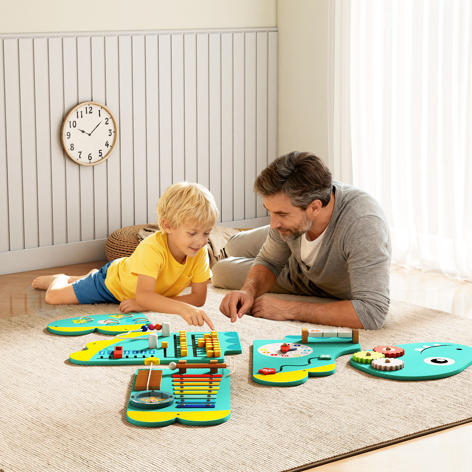 SUGIFT Toddler Green 11-in-1 Dinosaur Busy Board with Clock Xylophone and Abacus 57-in W 18-in H Ages 3+