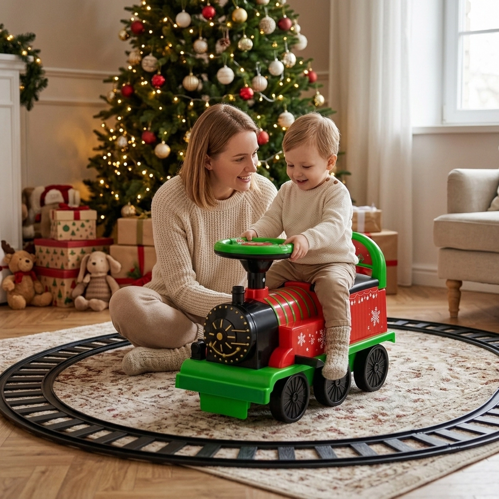 6V Kids Ride On Train with 16-Piece Track Under-Seat Storage and Retractable Footrests for Ages 3+ Electric Ride On Toy