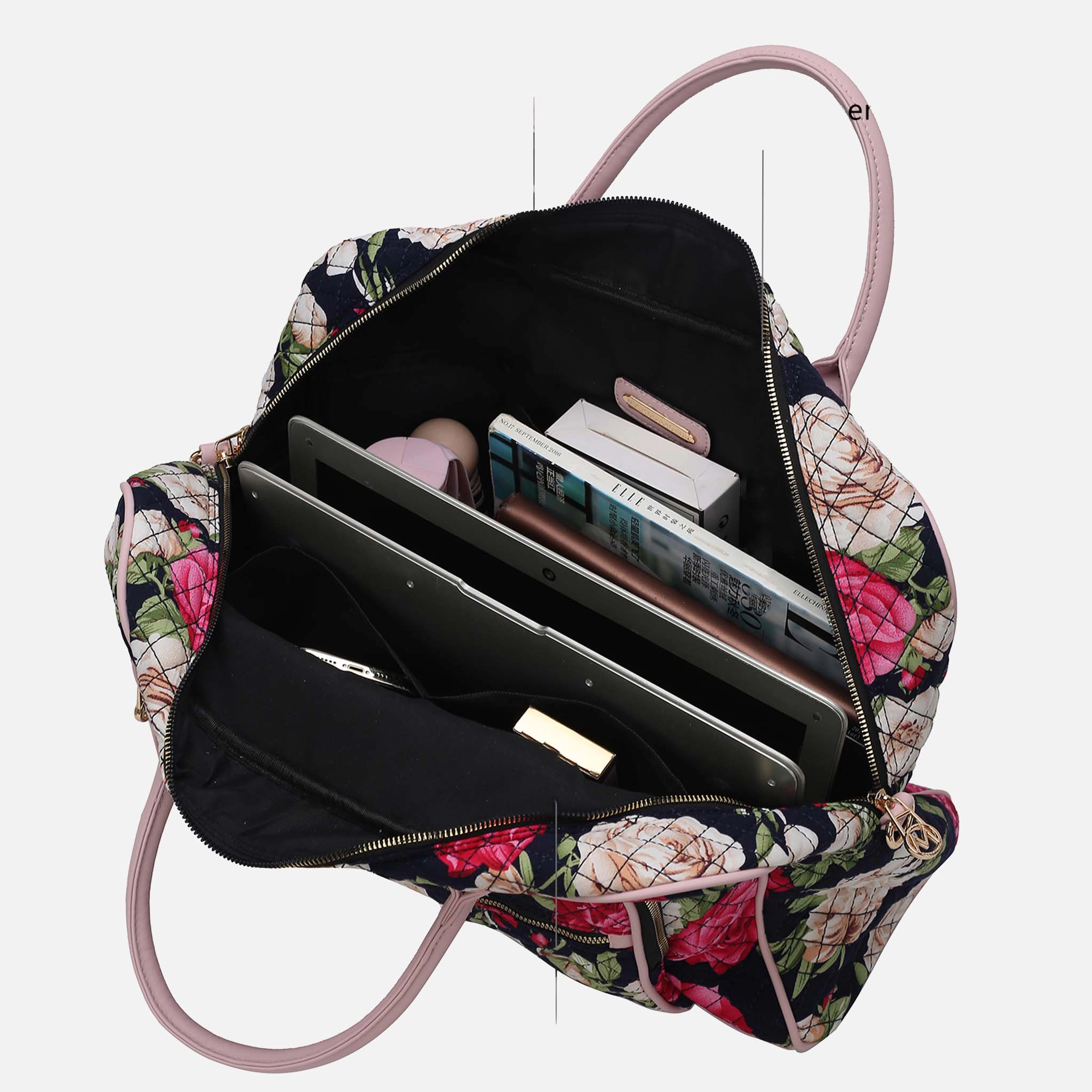 Mia K Collection Jayla Quilted Duffle Bag - Botanical Pattern, Vegan Leather Handles, Trolley Sleeve