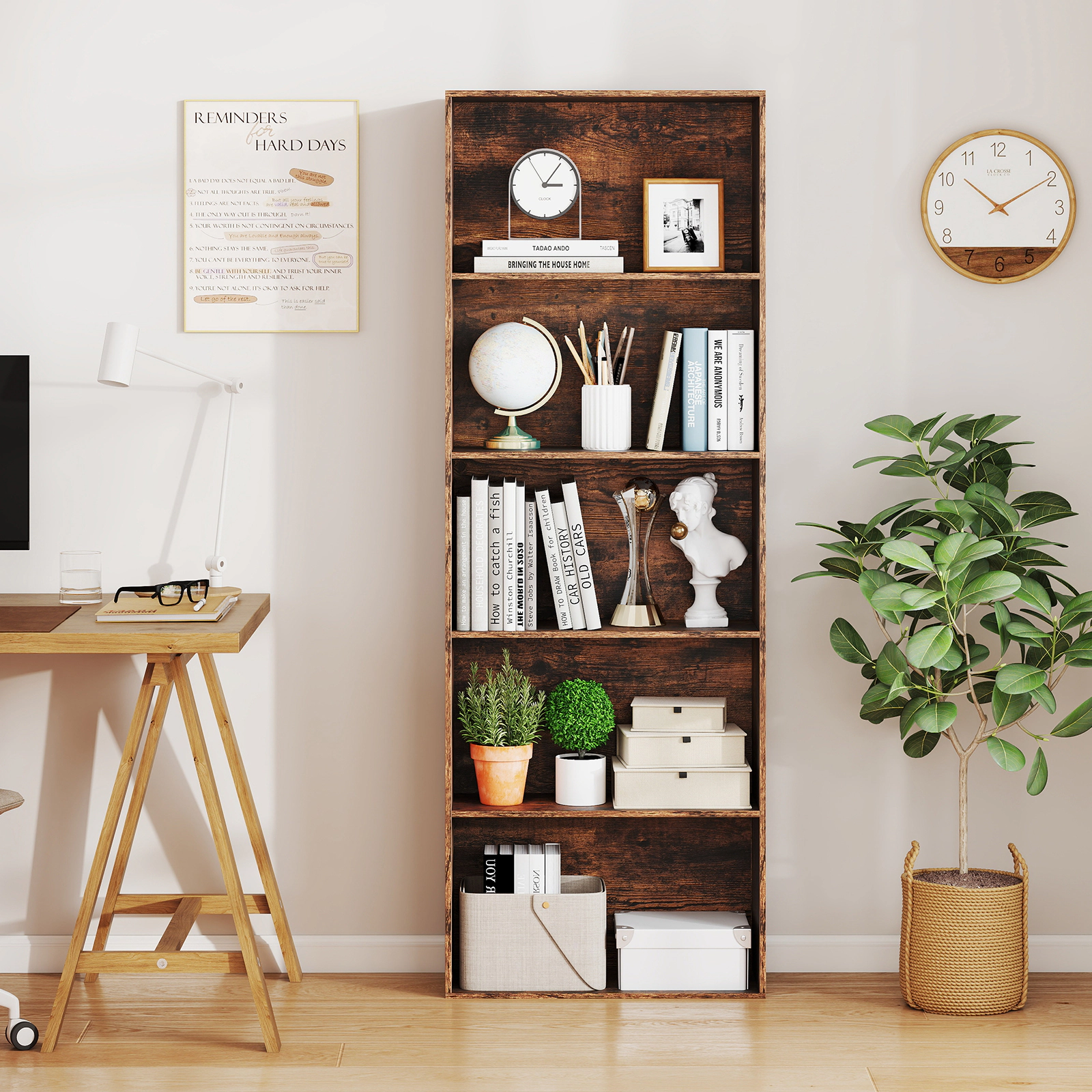 SUGIFT Rustic Brown 5-Tier Bookshelf 67 in with Dual Anti-Tipping Kits