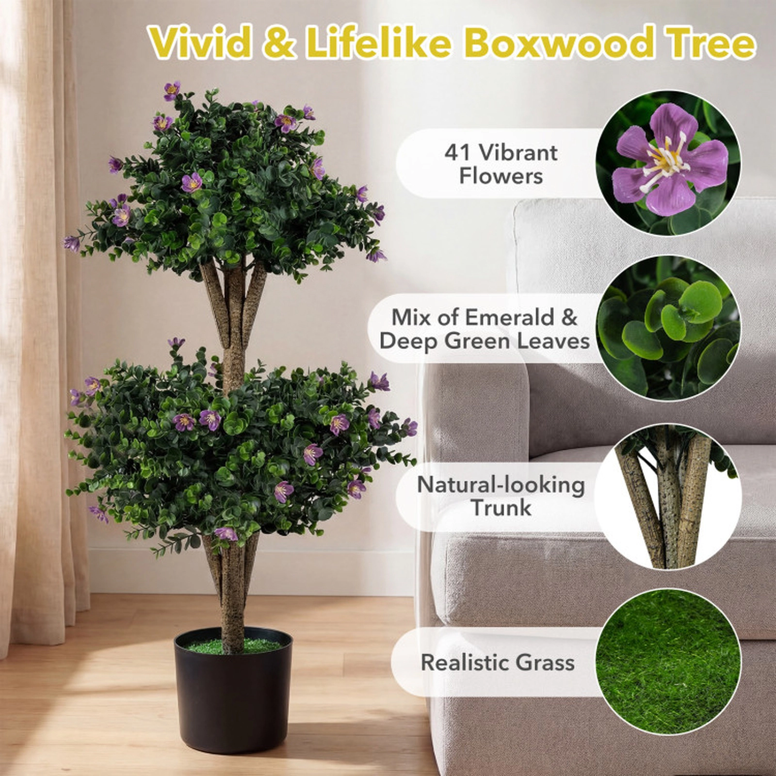 SUGIFT Set of 2 Double Ball Boxwood 41 Blossoms Faux Topiary Trees 36-in Tall 6-in x 5-in Pot 16.5-lb Purple