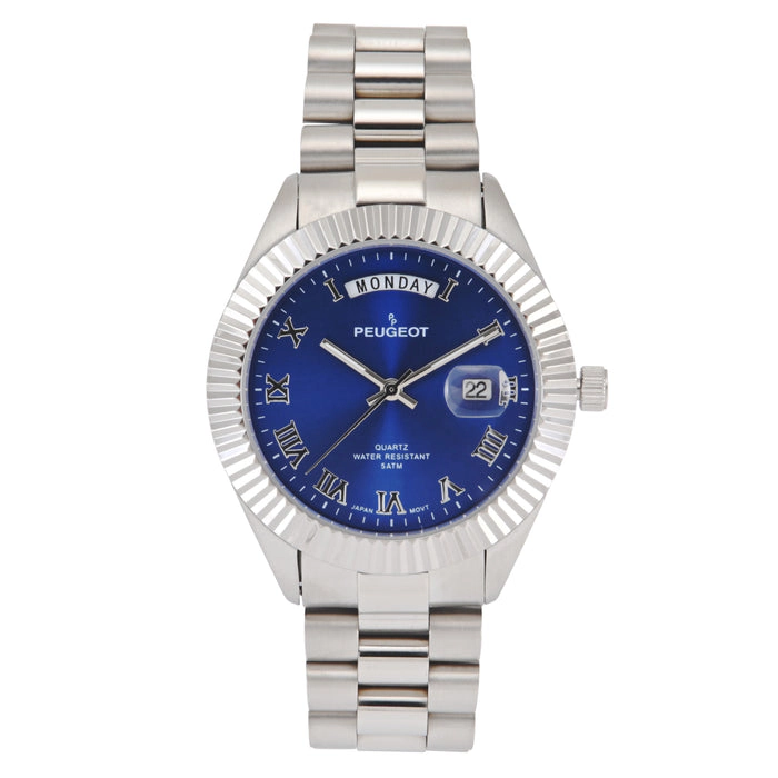 Peugeot Men's 40mm Blue Face Fluted Bezel Steel Bracelet Watch