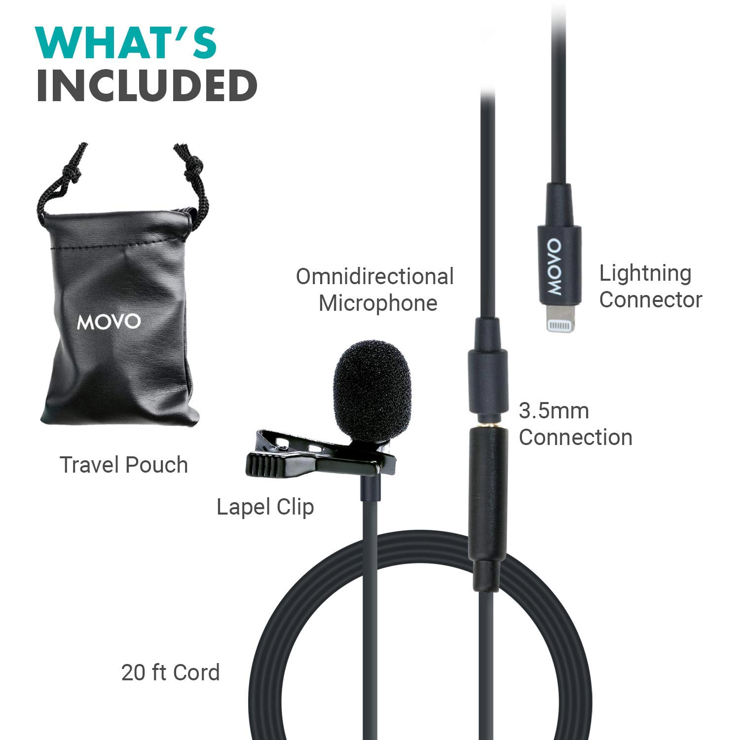 Movo iLav-L Digital Lavalier Omnidirectional Clip on Microphone with MFi Certified Lightning Connector Compatible