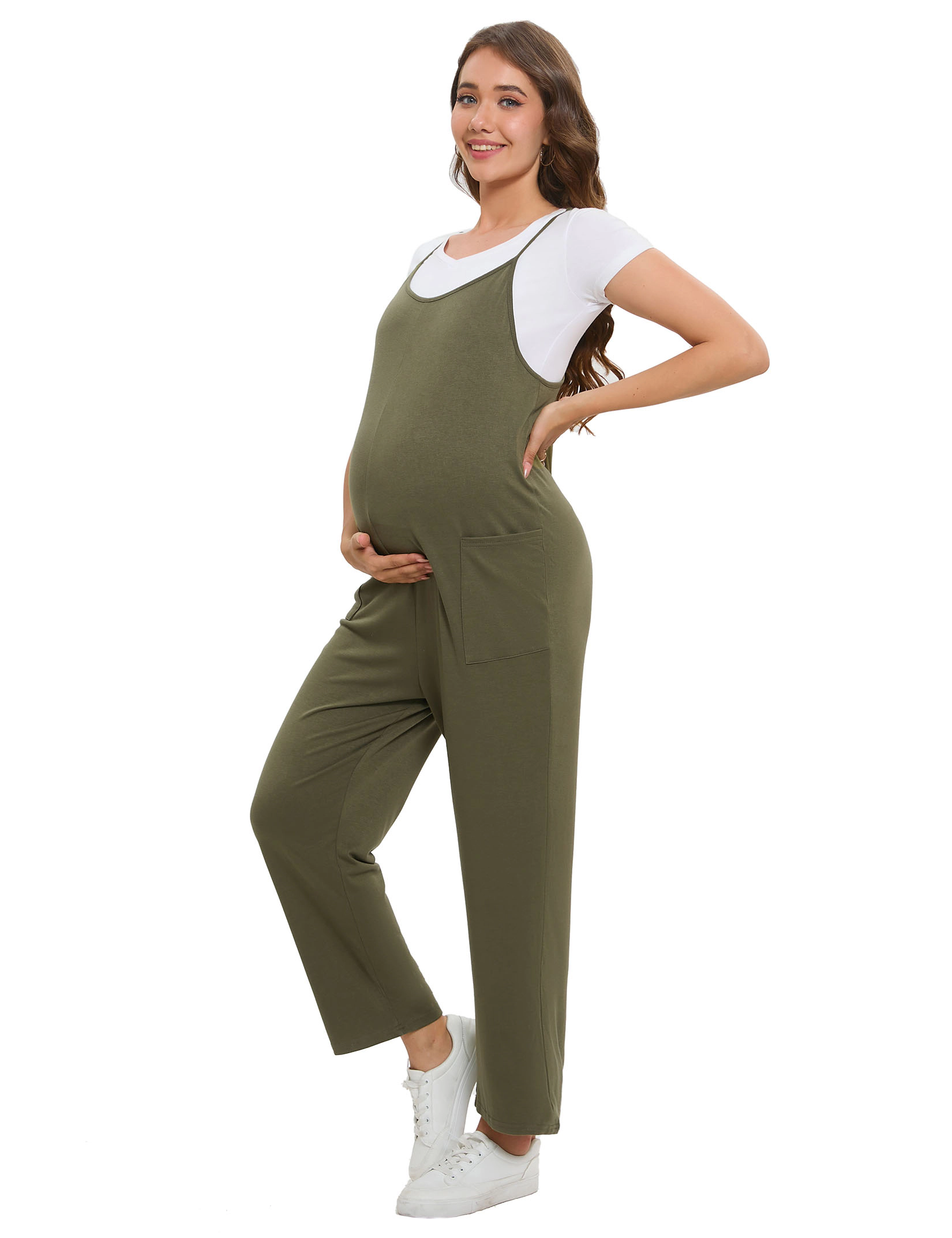 KOJOOIN Women's Maternity Jumpsuit Spaghetti Strap Sleeveless Overalls Loose Baggy Pregnancy Romper