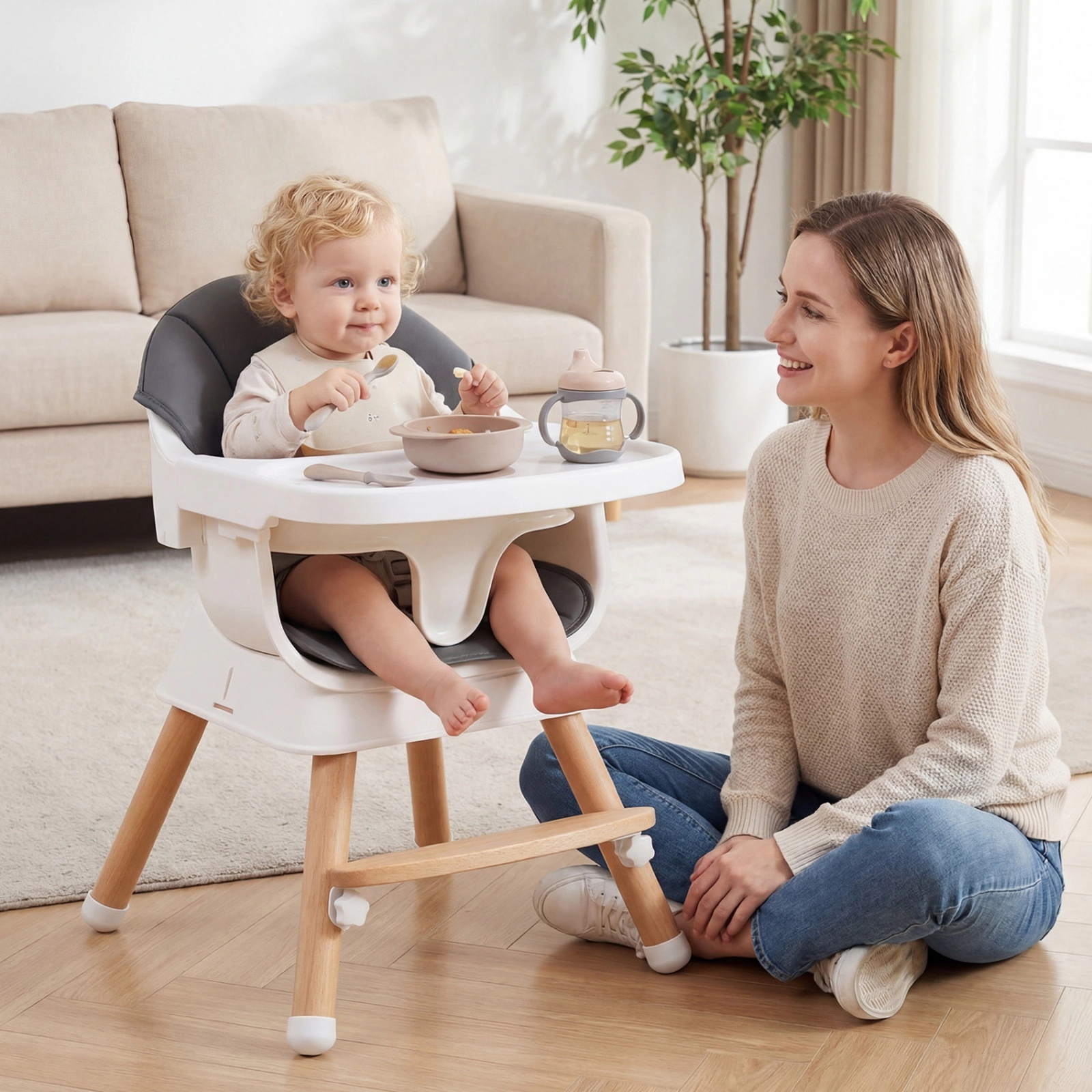 Solid Beech Wood Convertible High Chair for Babies and Toddlers 3-Position Tray Wide Footrest X-Brace Gray