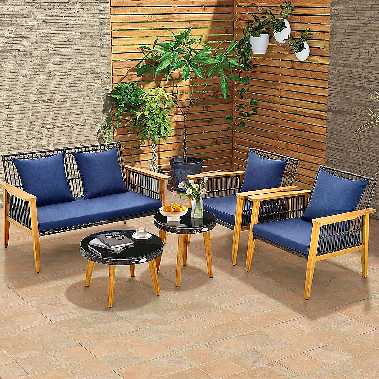 SUGIFT 5-Piece Navy Outdoor Patio Conversation Set with Loveseat, Chairs and Glass Tables