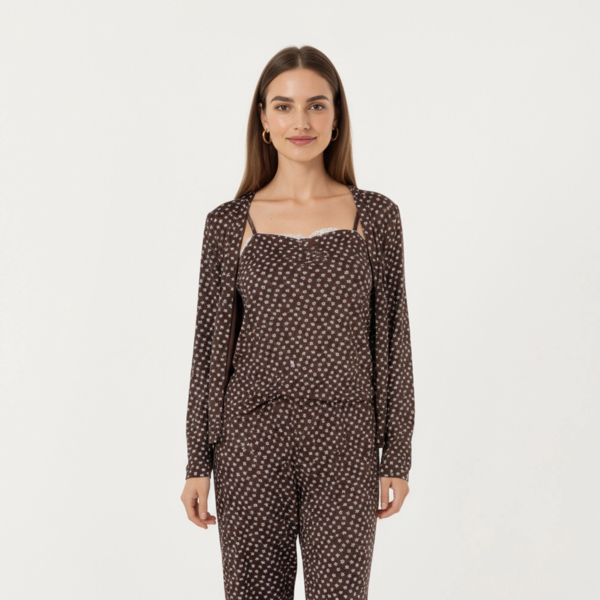 Anna-Kaci Women's 3-Piece Long Sleeve Padded Button Top Camisole and Relaxed Fit Pants Pajama Set with Soft Knit Fabric