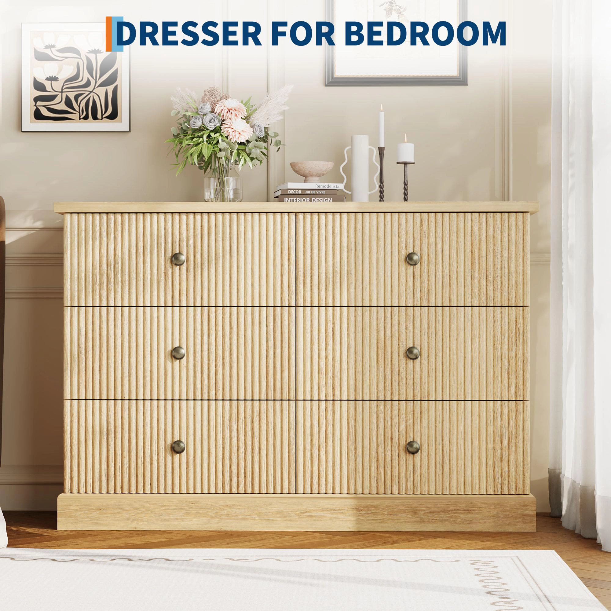 6 Drawer Fluted Dresser, 47" Wide Modern Wood Storage Chest with Metal Handles for Bedroom Apartment