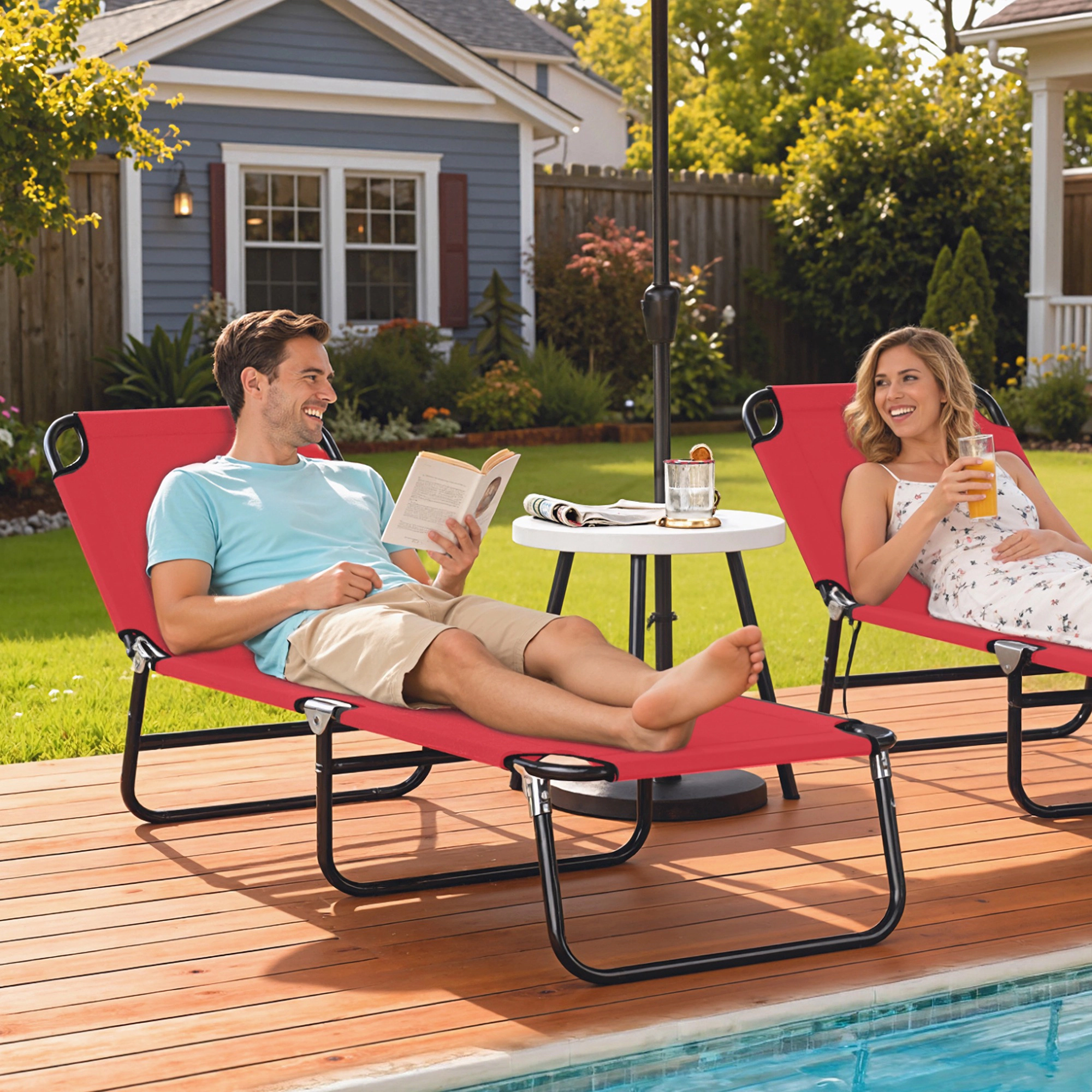 HONGGE Folding Chaise Lounge Chair, Outdoor Sun Tanning Chair, 5-Level Back, Pool Chair with Steel Frame, for Beach