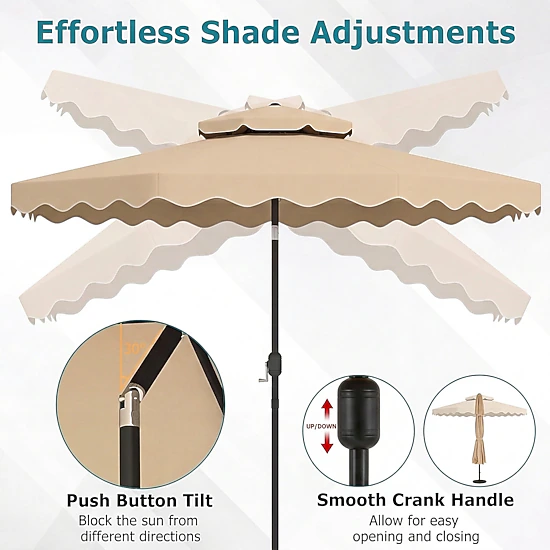 SUGIFT 10-ft Beige Round Market Patio Umbrella, Scalloped Canopy, Vented Double Top, 8 Ribs