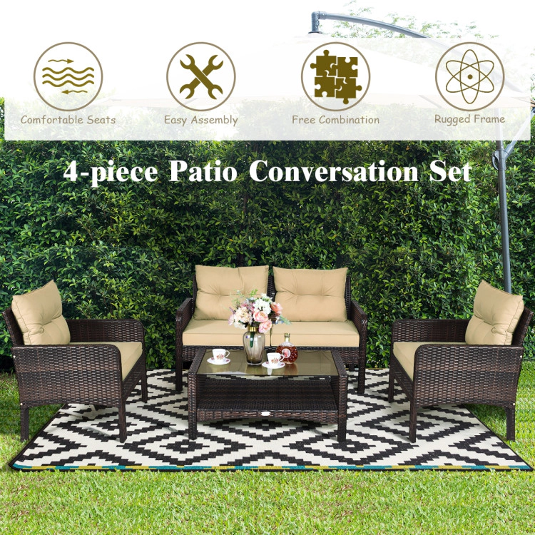 Hivvago 4 Pieces Patio Rattan Free-Combination Sofa Set With Cushion And Coffee Table