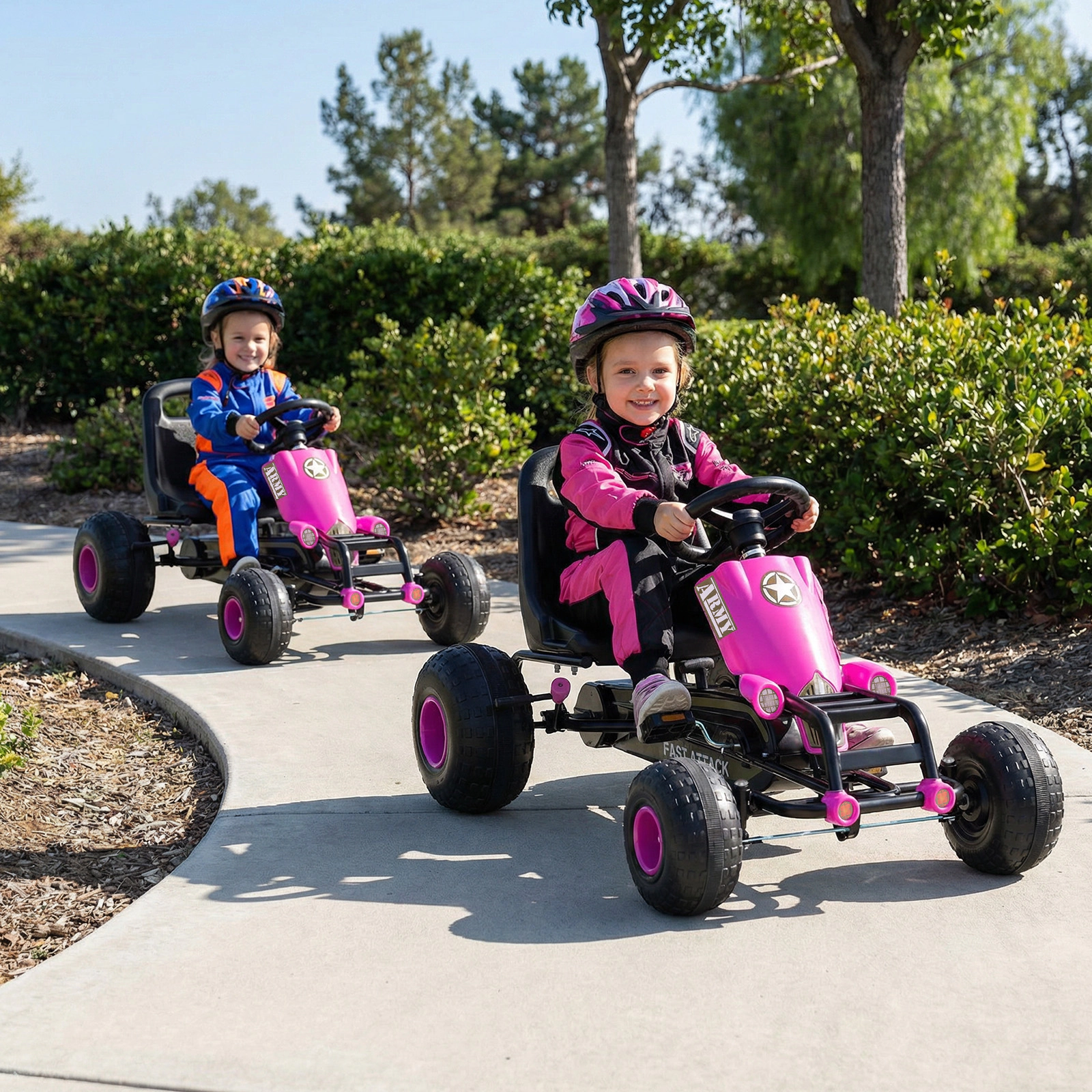 Kids Pedal Go Kart Gear Shifter Side Handbrake 25-Degree Steering Limit Riders 39-in to 61-in Tall Pink Ride On Toy