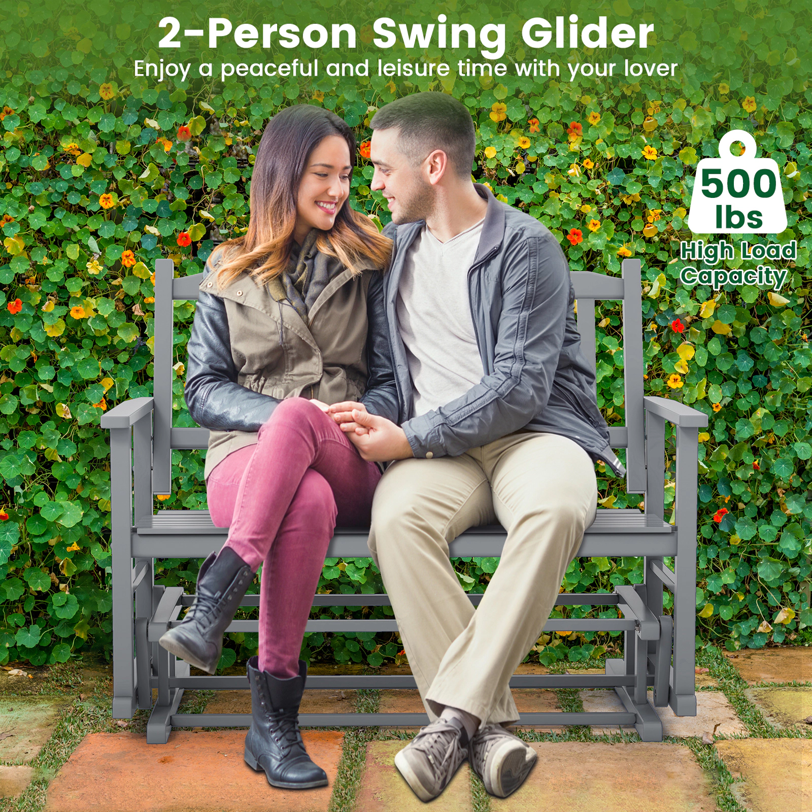 SUGIFT 2-Seat Poplar Wood Outdoor Glider Bench with Armrests and Slatted Seat 500-lb Capacity Gray